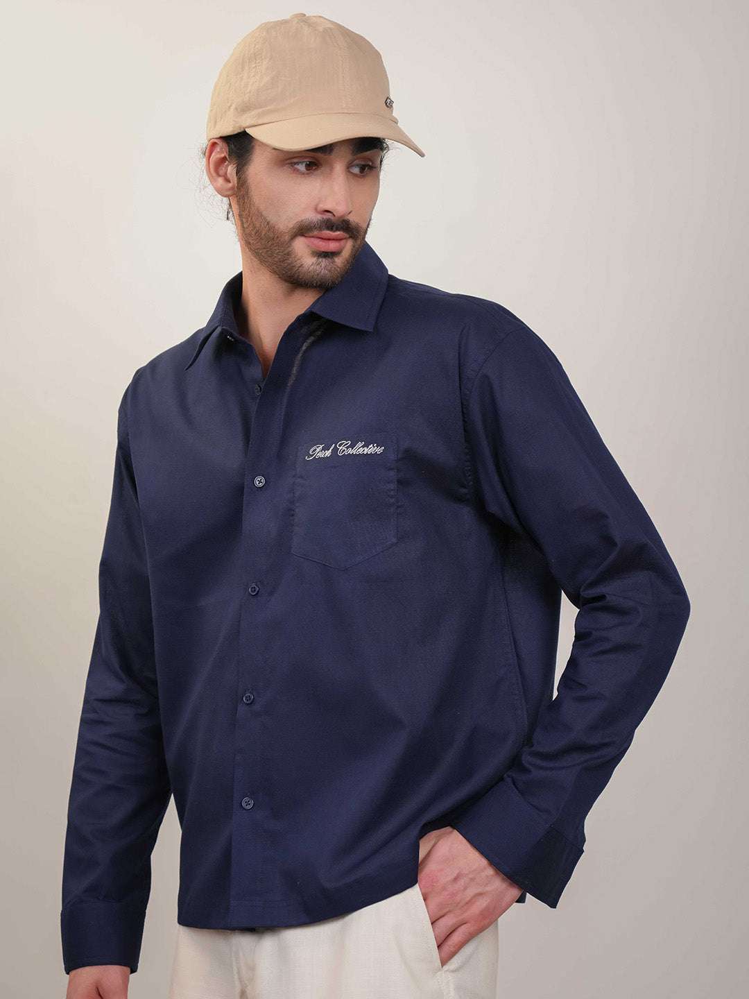 Navy Blue Solid Linen Cotton Boxy Fit Shirt