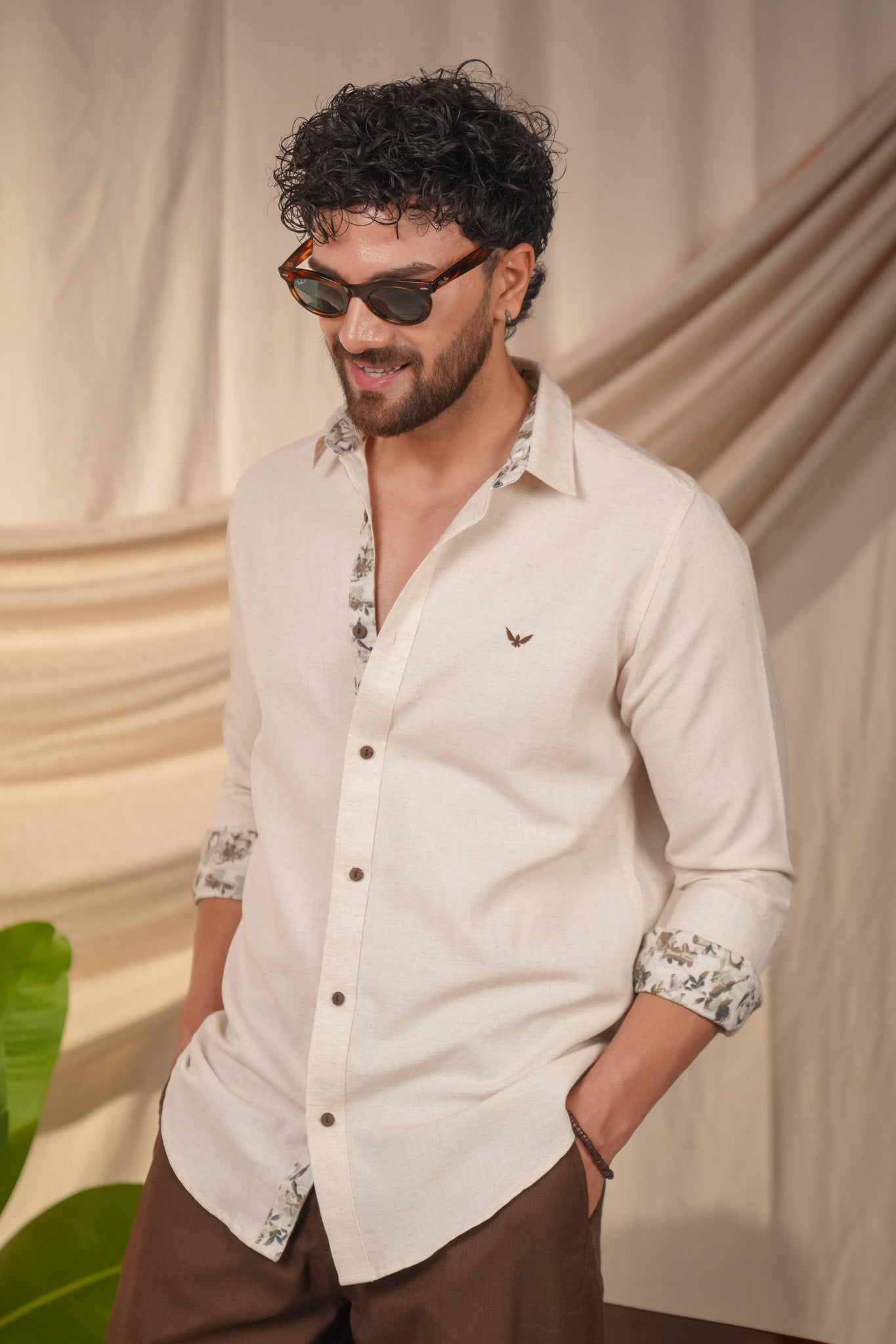 Beige Natural Grains Printed Linen Cotton Slim Fit Shirt