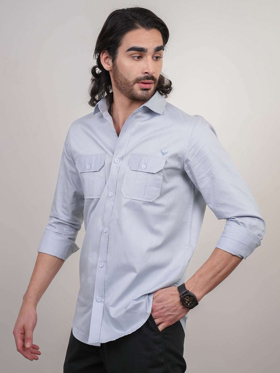 Shadow Blue Solid Cotton Twill Slim Fit Shirt