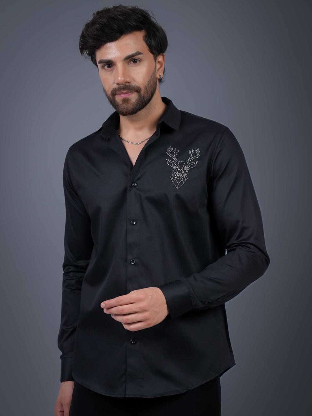 Black Sequin Cotton Satin Slim Fit Shirt