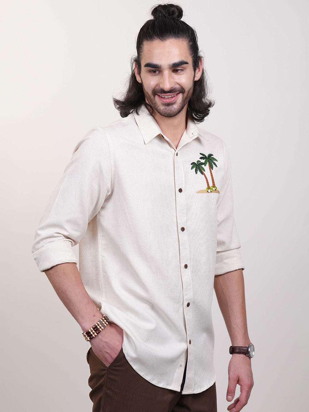 Beige Natural Grains Coconut Tree Embroidery Linen Cotton Shirt