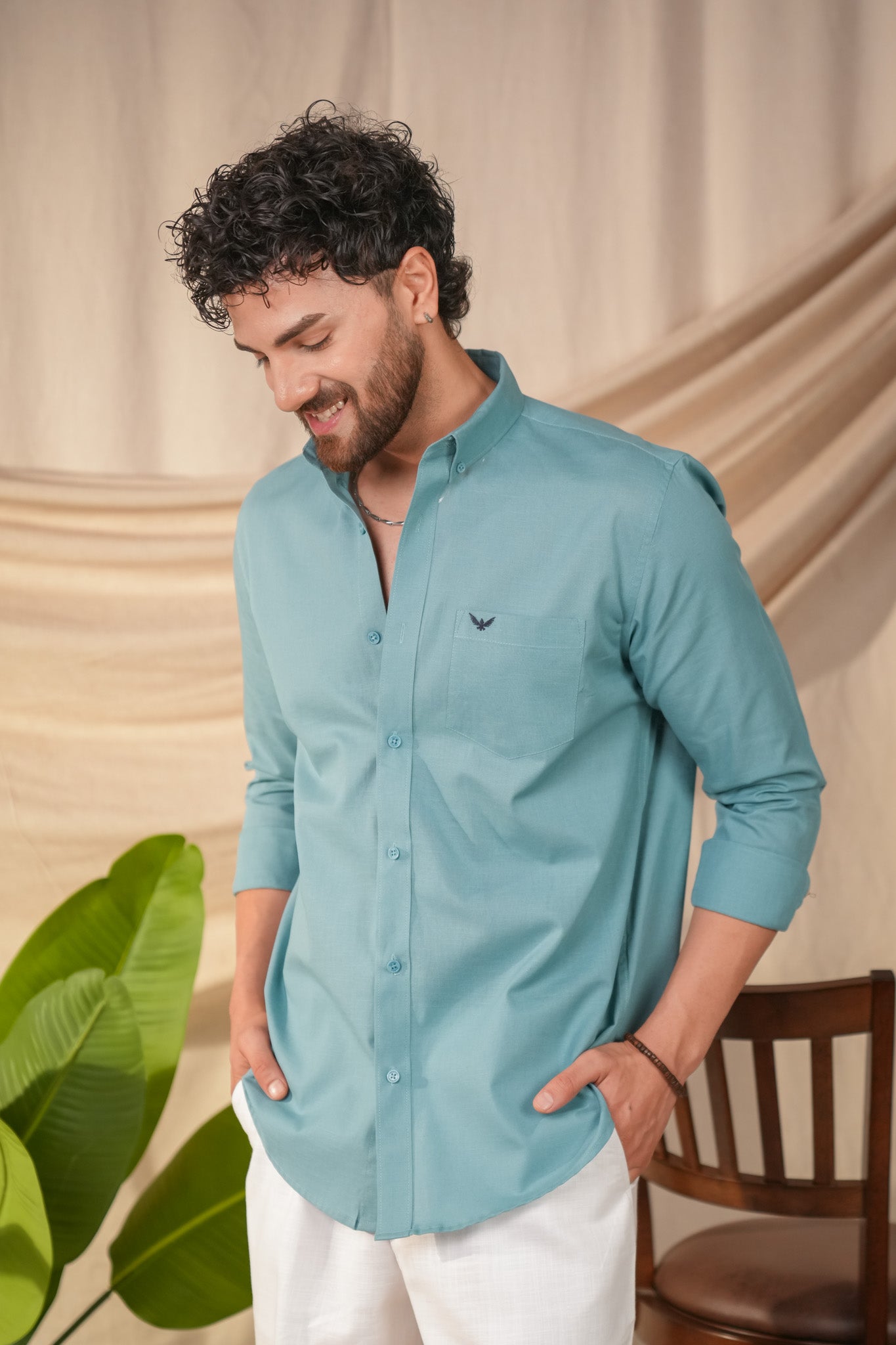Turqoise Blue Solid Pre-Washed Linen Cotton Slim Fit Shirt