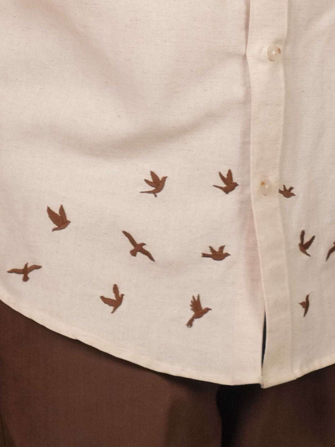 Beige Natural Grains Birds Flock Embroidery Linen Cotton Shirt