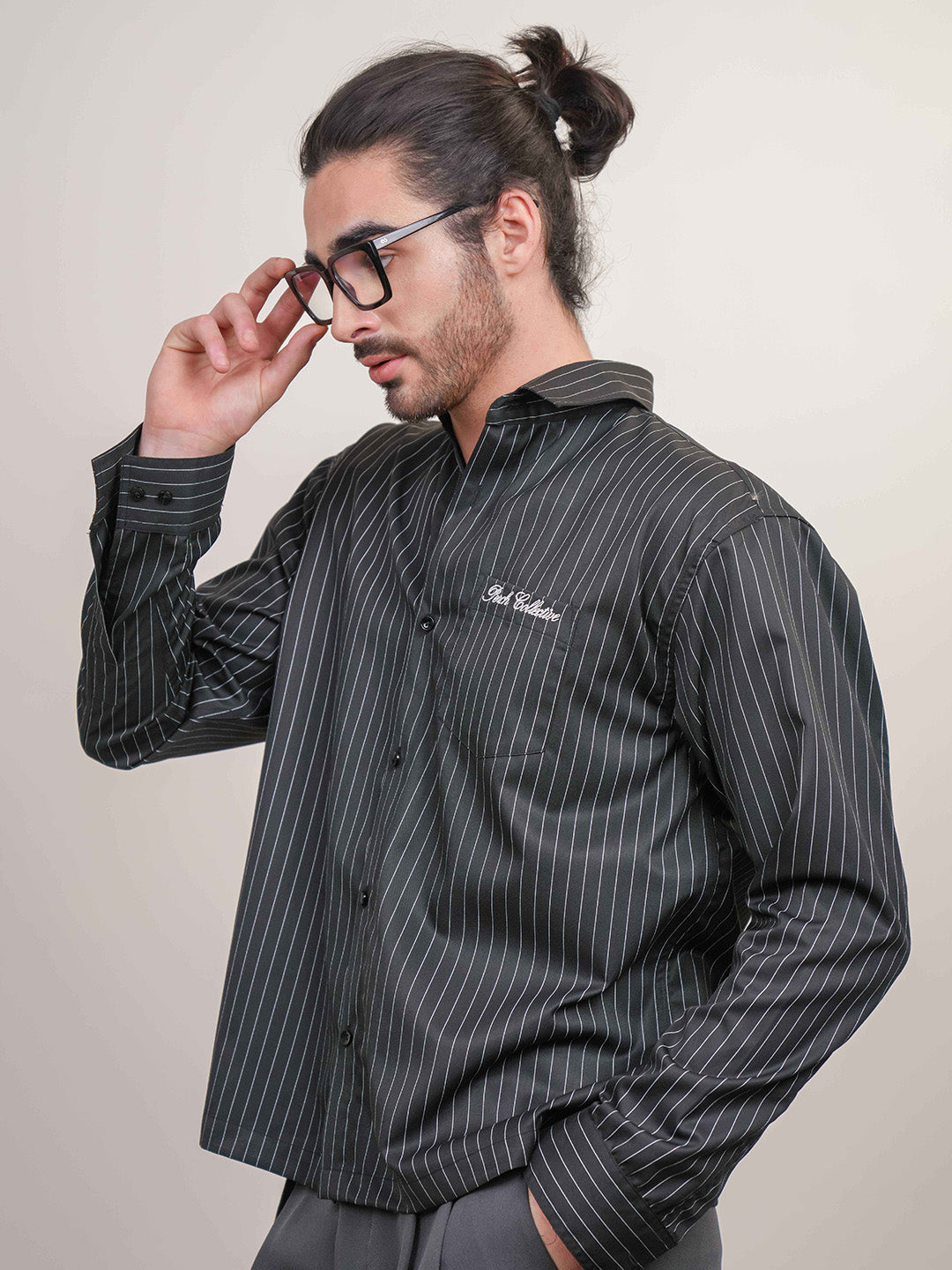 Black Striped Cotton Boxy Fit Shirt