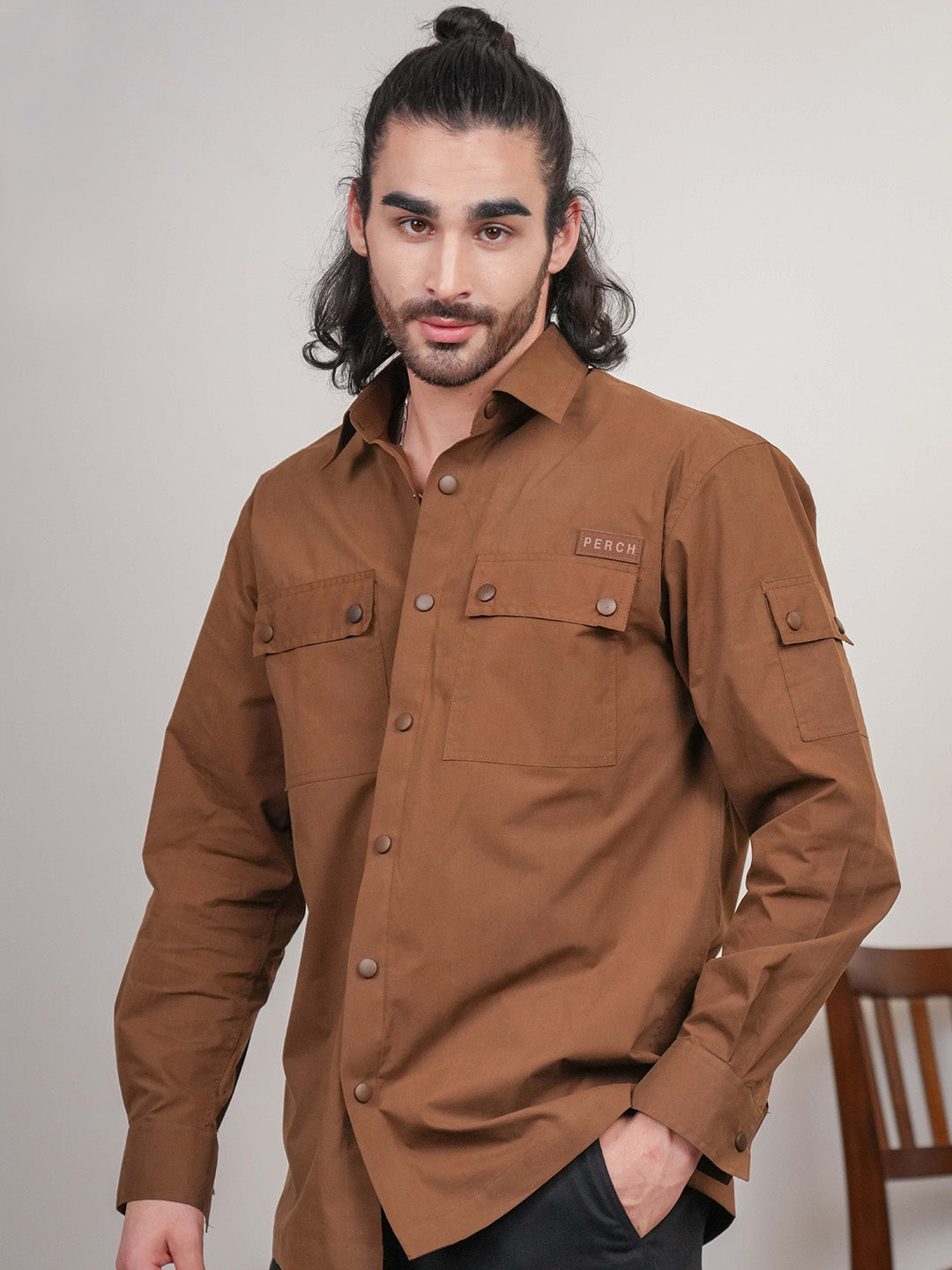 Brown Solid Heavy Cotton Poplin Snap button Boxy Fit Shirt