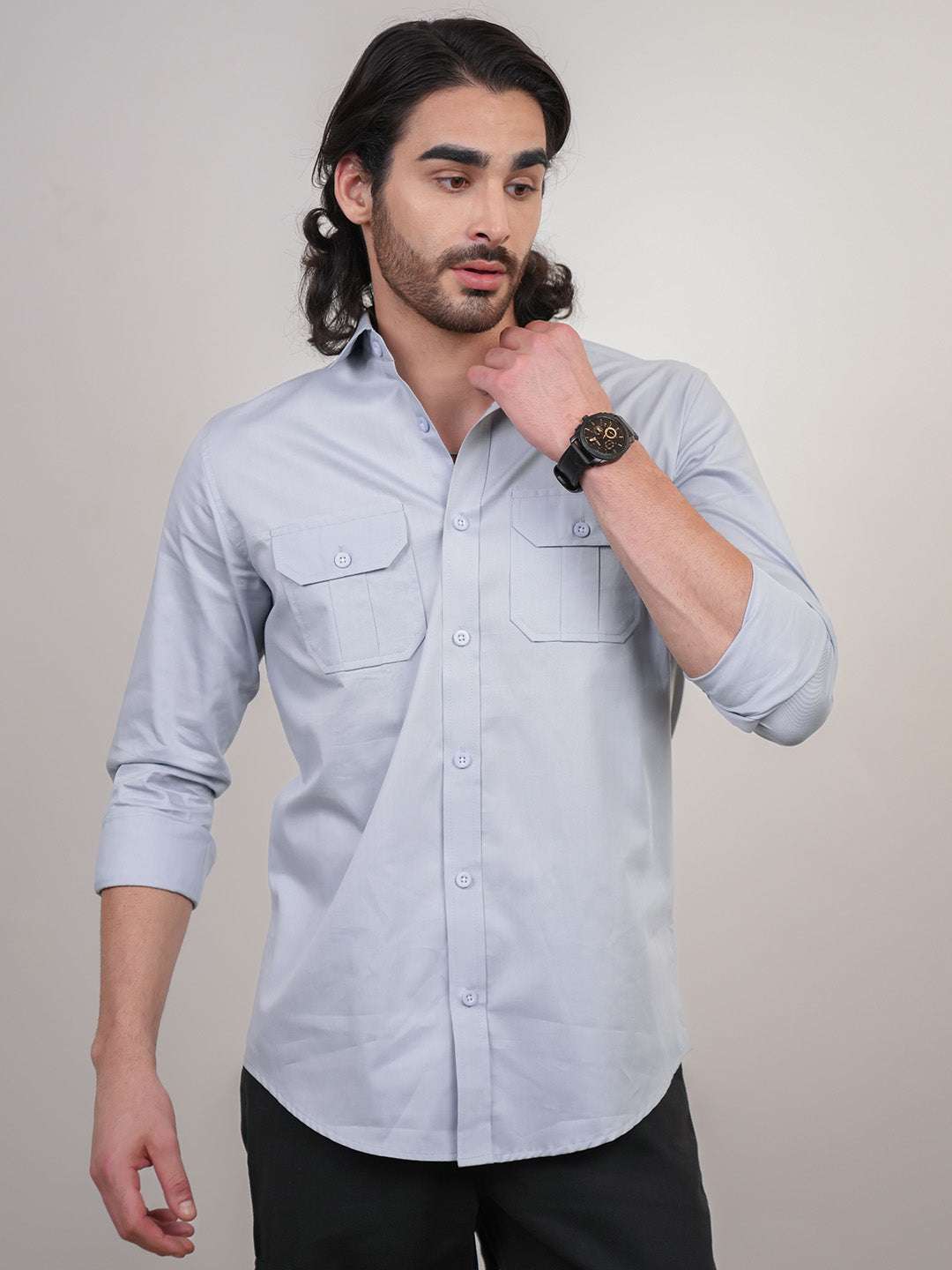Shadow Blue Solid Cotton Twill Slim Fit Shirt