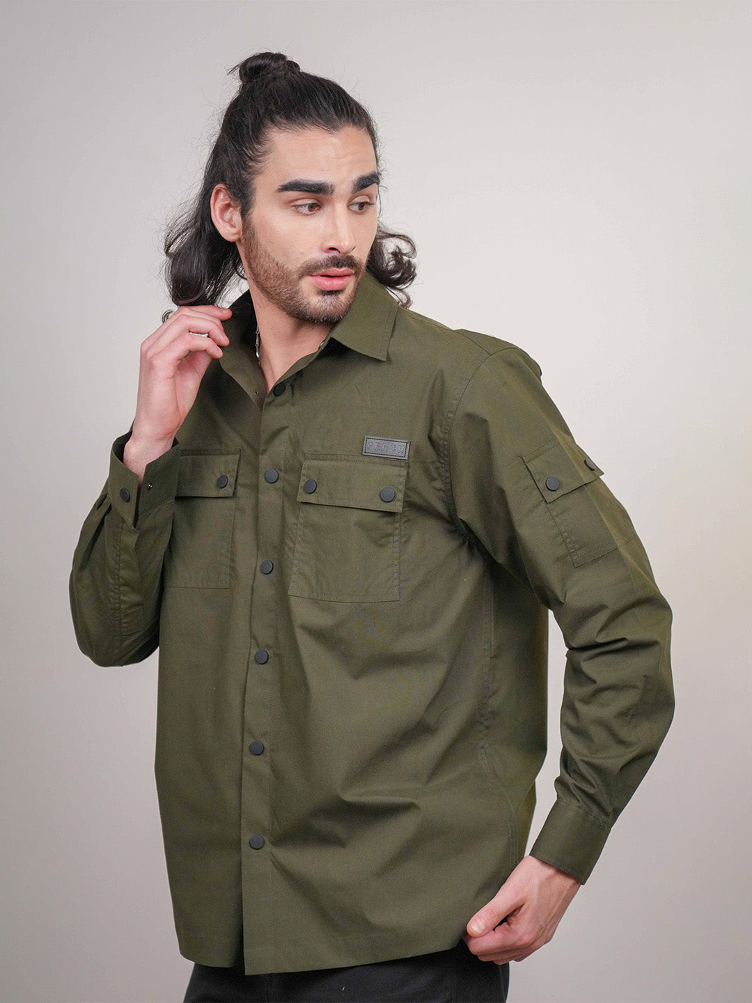 Olive Green Solid Heavy Cotton Poplin Boxy Fit Shirt