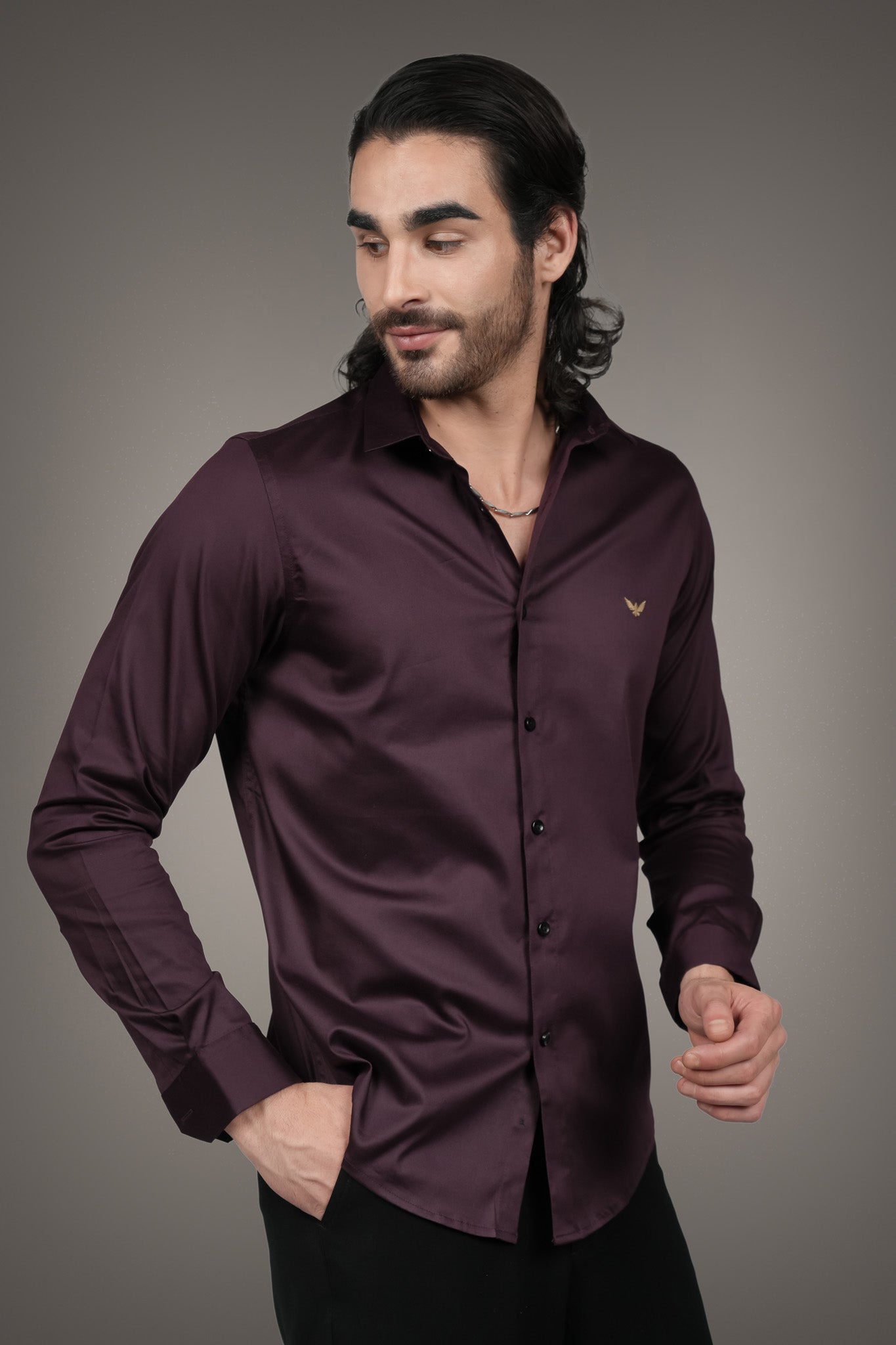 Wine Solid Cotton Satin Slim Fit Shirt