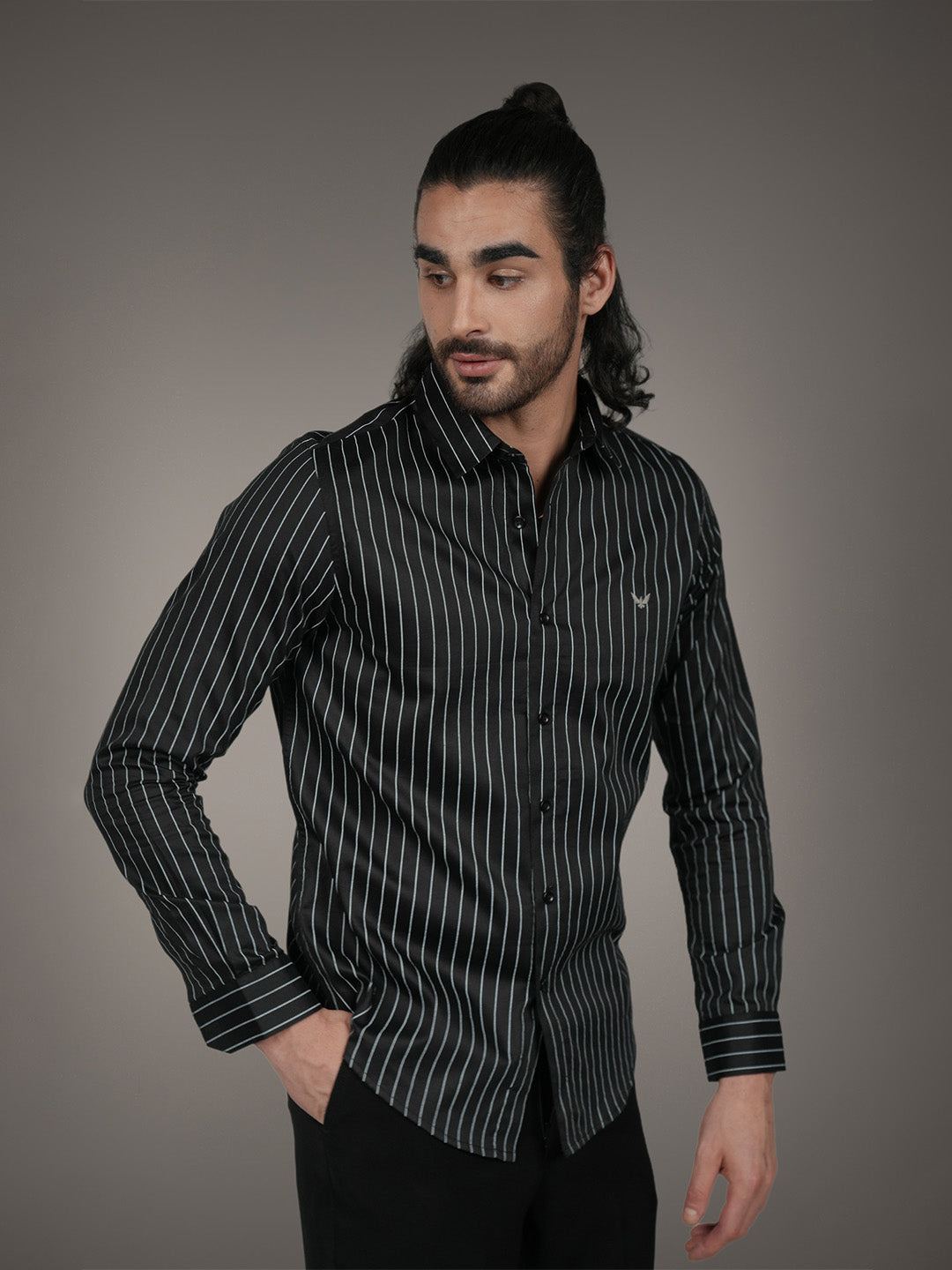 Black Cotton Satin Slim Fit Striped Casual Shirt for Men