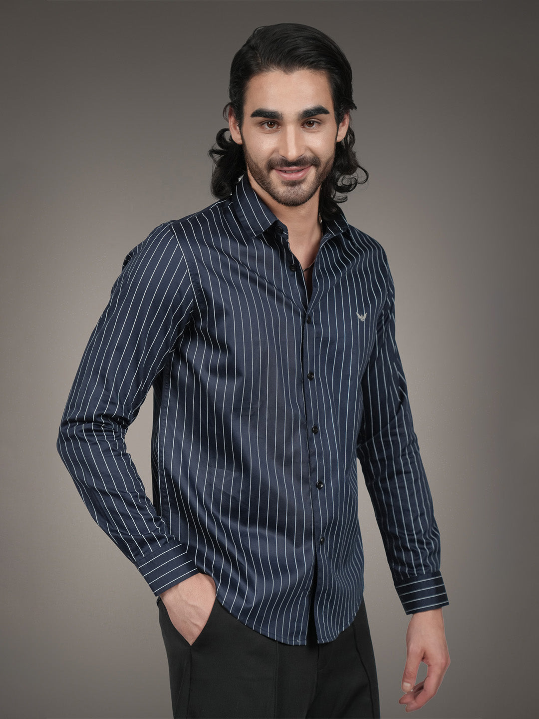 Navy Cotton Satin Slim Fit Striped Casual Shirt for Men