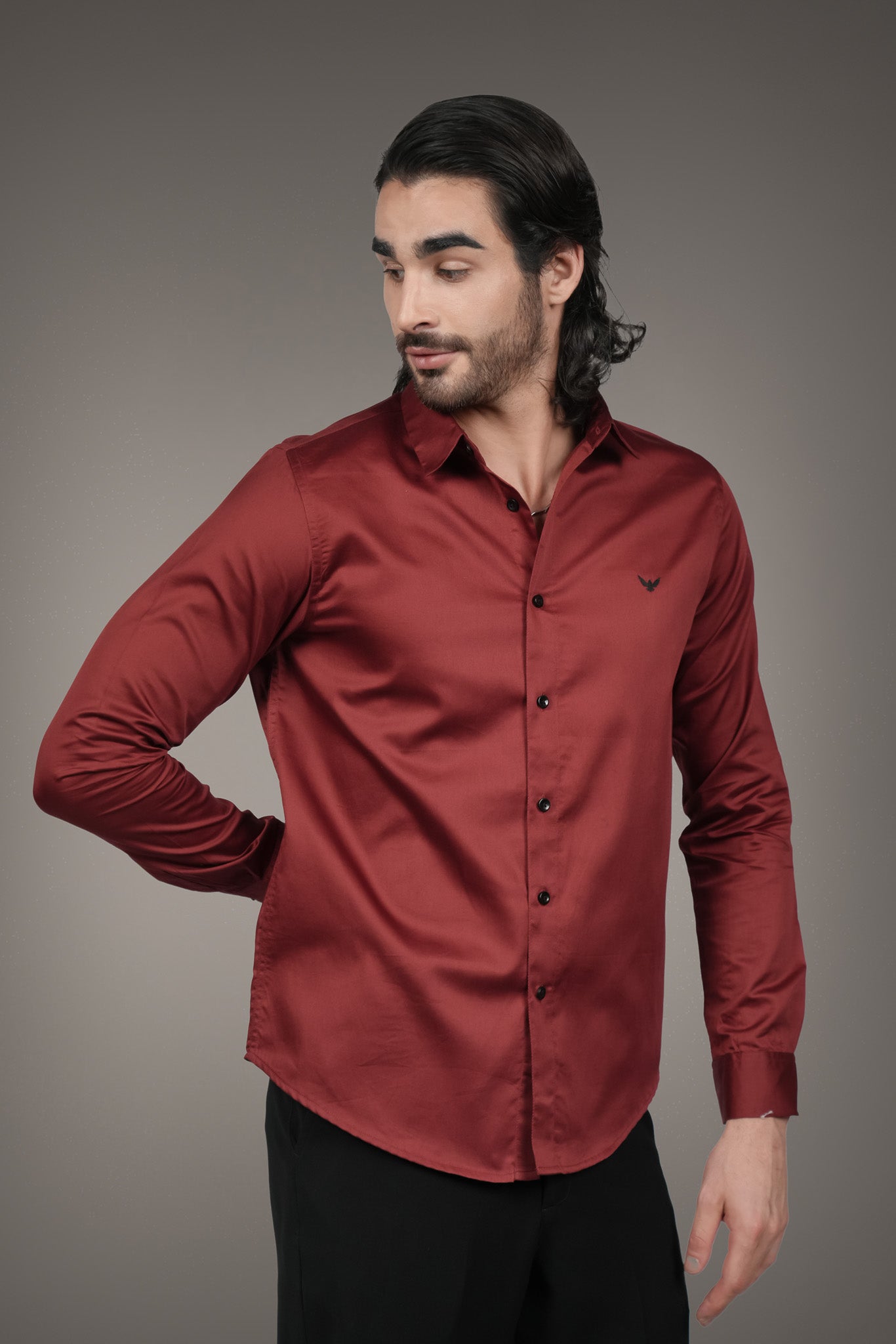 Intense Red Solid Cotton Satin Slim Fit Shirt