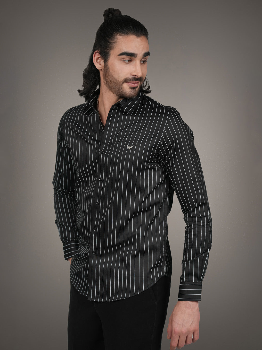 Black Cotton Satin Slim Fit Striped Casual Shirt for Men