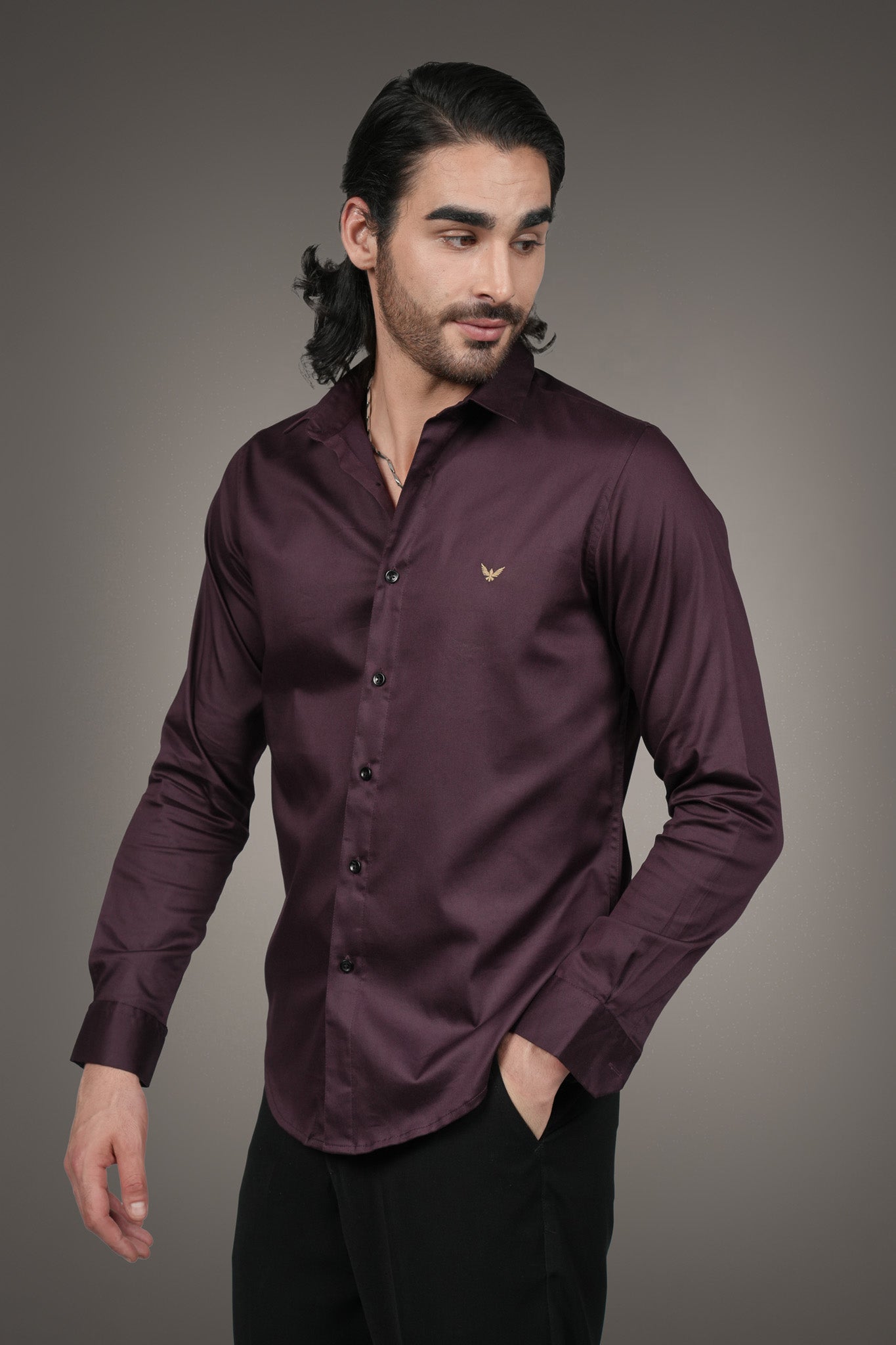 Wine Solid Cotton Satin Slim Fit Shirt