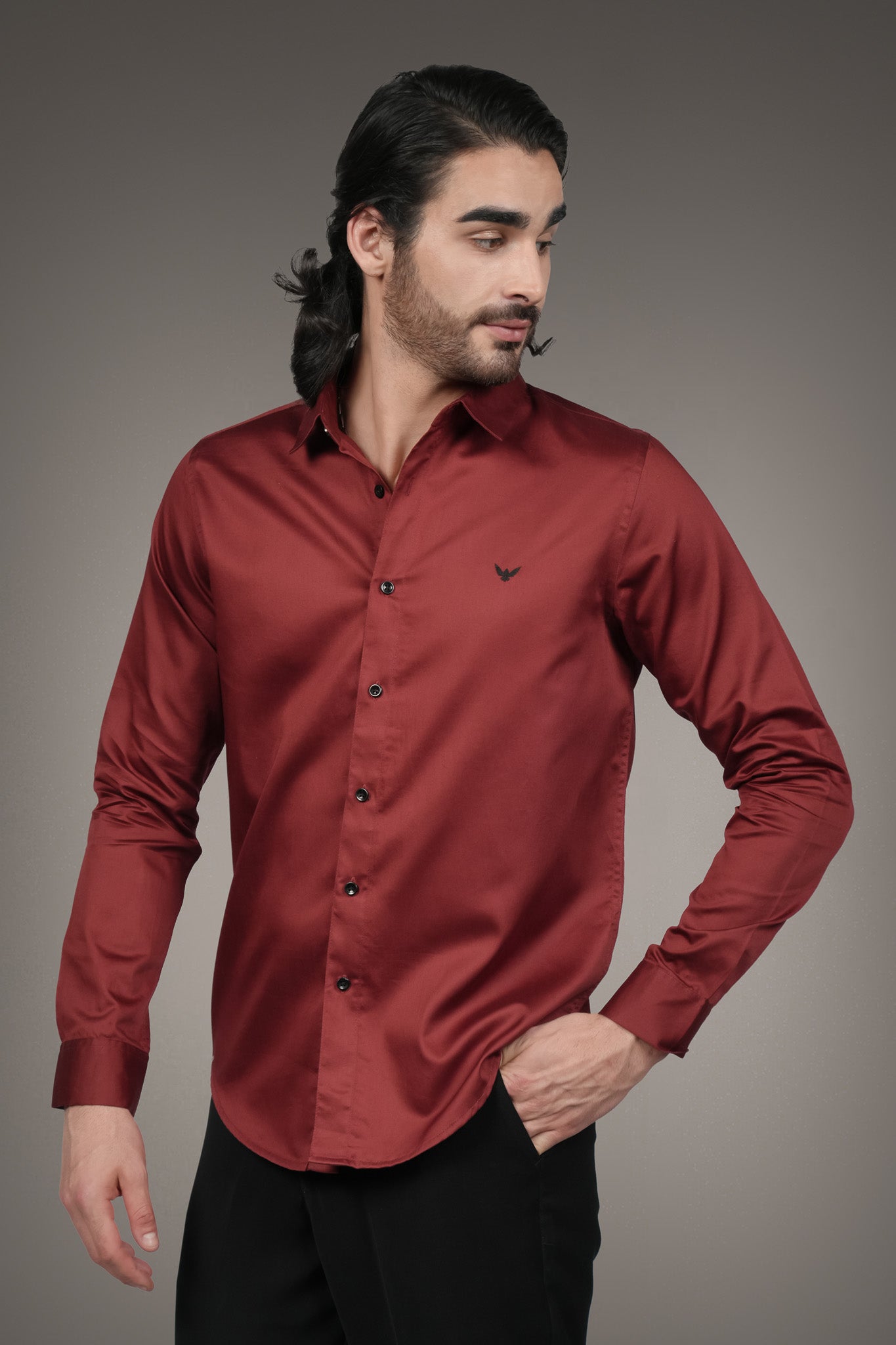 Intense Red Solid Cotton Satin Slim Fit Shirt