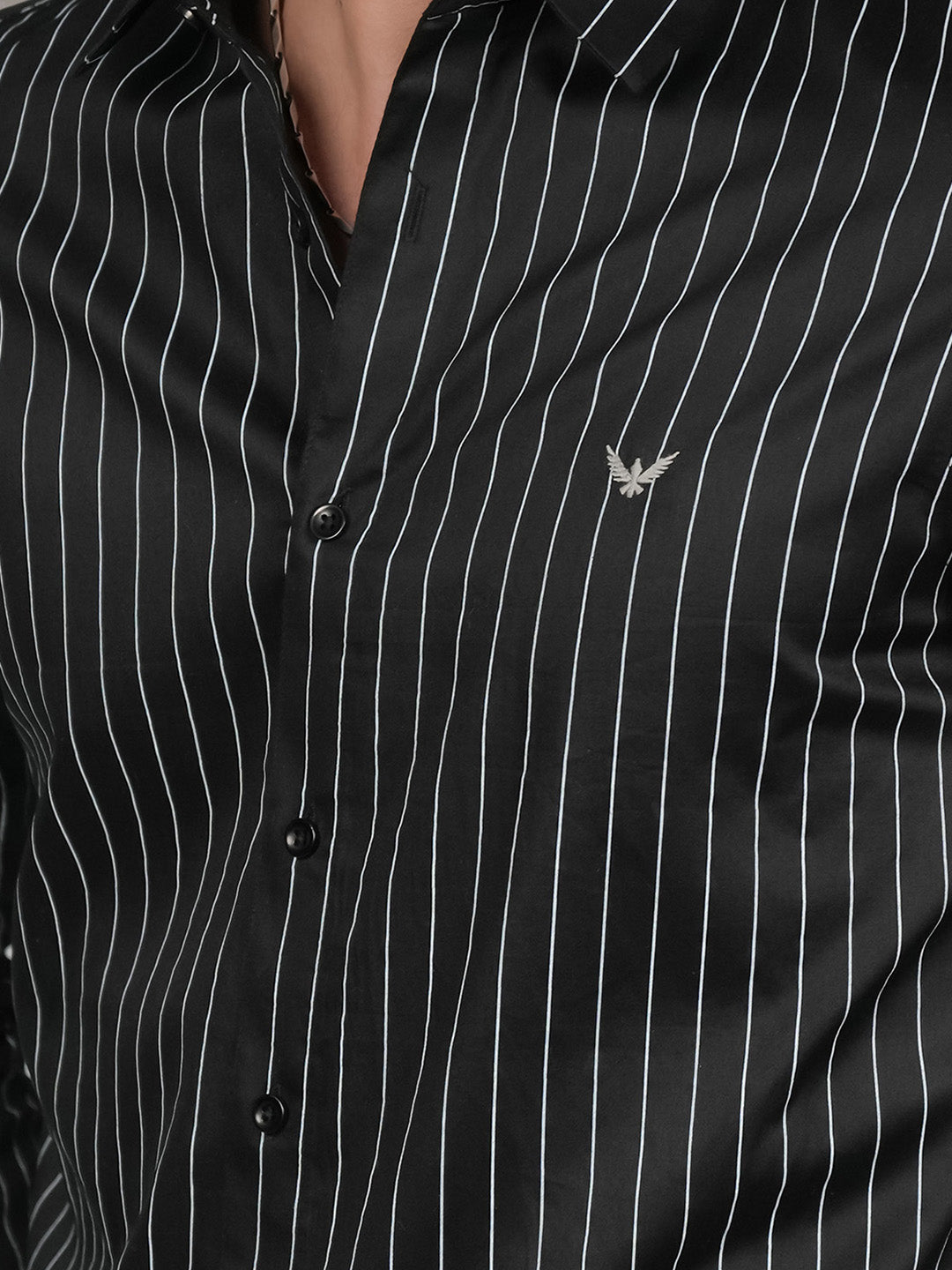 Black Cotton Satin Slim Fit Striped Casual Shirt for Men