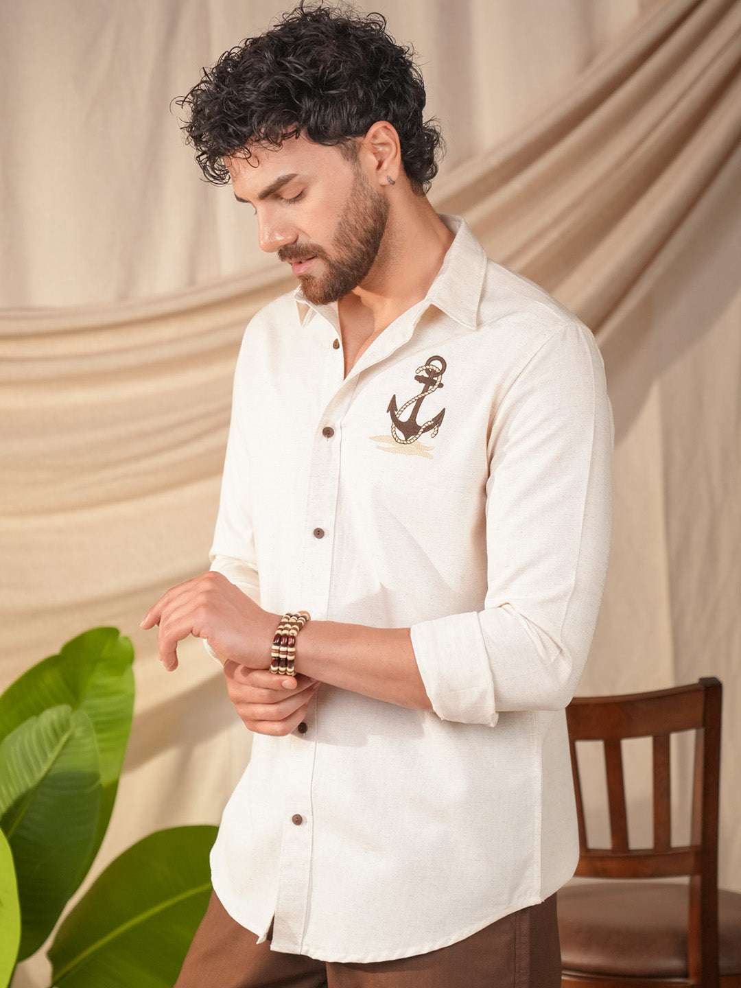 Beige Natural Grains Sparrow Embroidery Linen Cotton Shirt