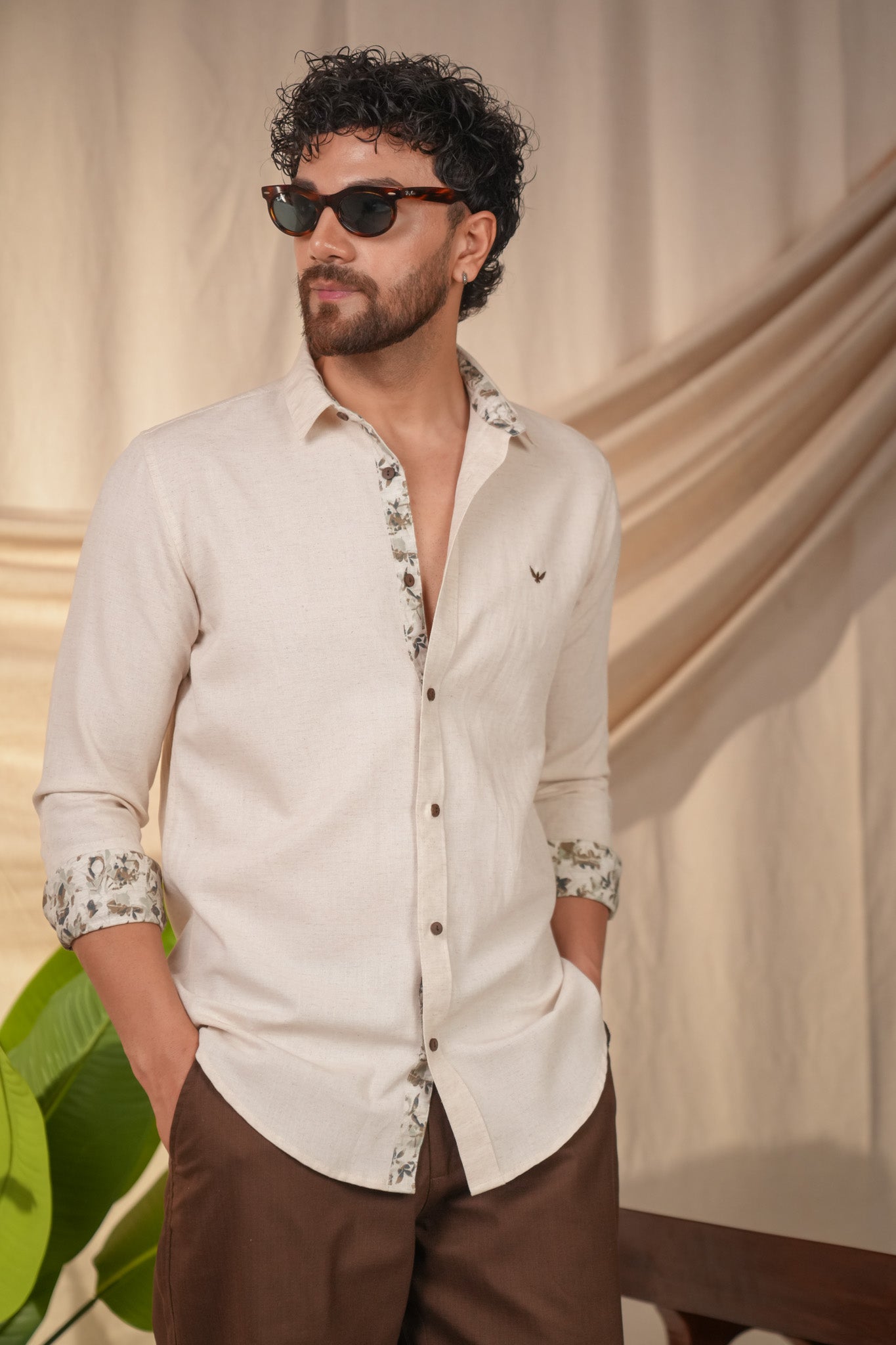 Beige Natural Grains Printed Linen Cotton Slim Fit Shirt