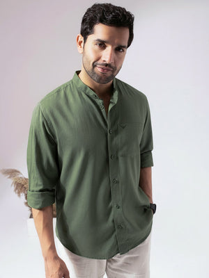 Green Band Collar Linen Blend Shirt