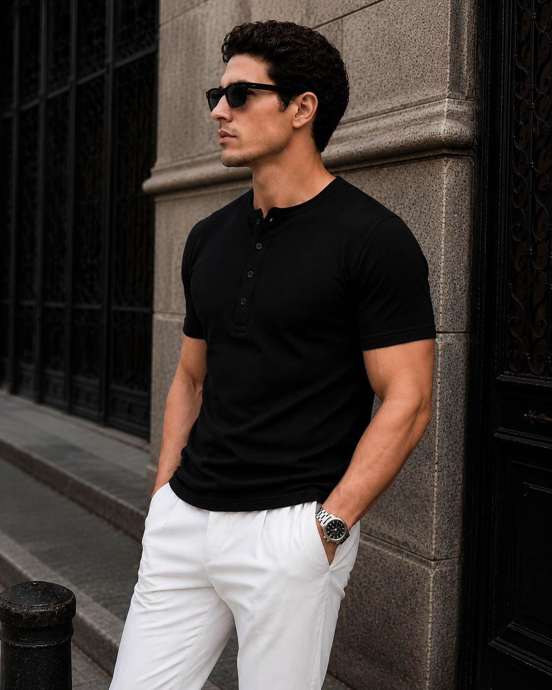 Black Waffle Henley Half Sleeve T-Shirt