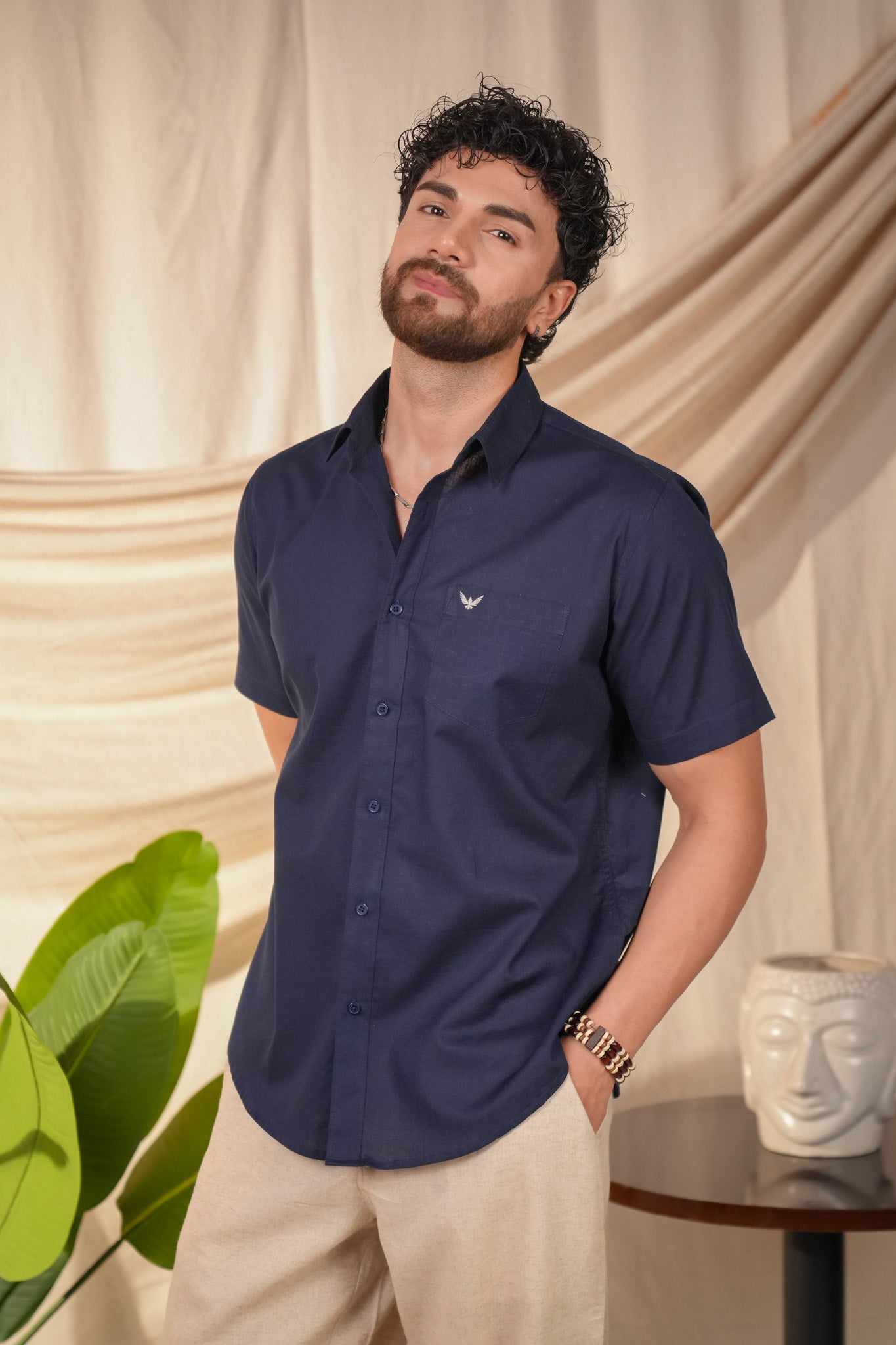 Navy Blue Solid Linen Cotton Slim Fit Shirt