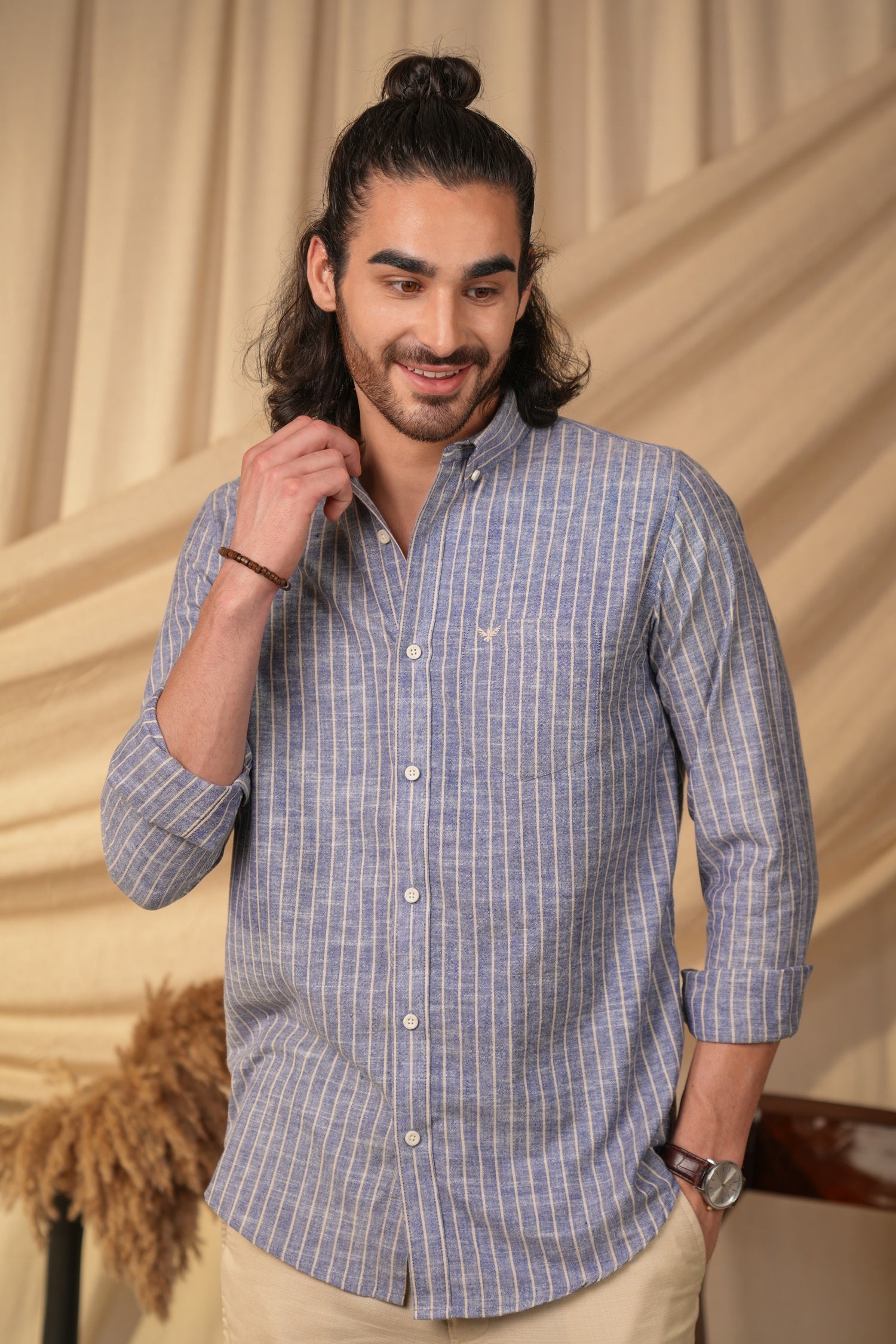 Dusty Blue Striped Linen Cotton Slim Fit Shirt