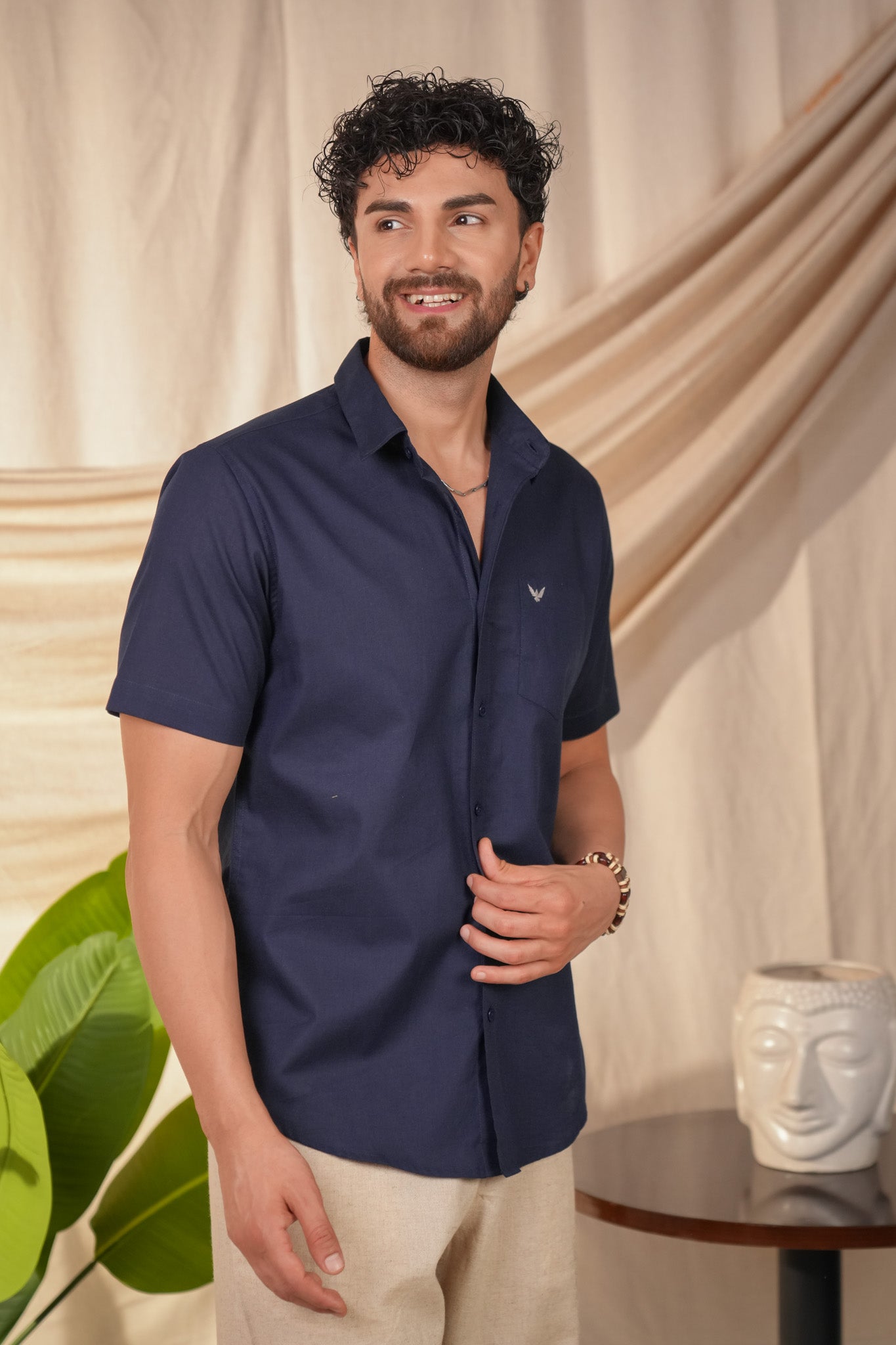 Navy Blue Solid Linen Cotton Slim Fit Shirt