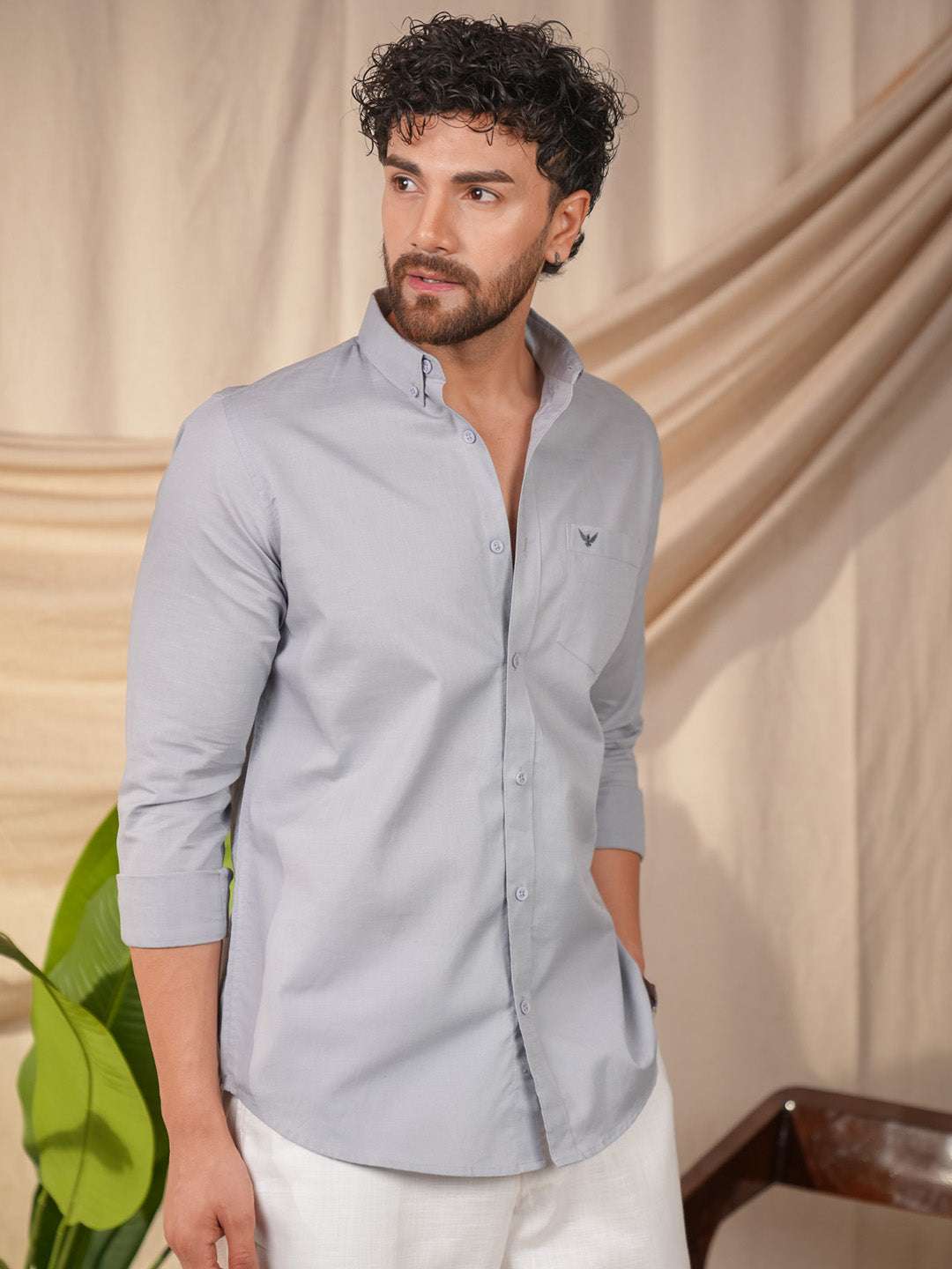 Light Gray Solid Pre-Washed Linen Cotton Slim Fit Shirt