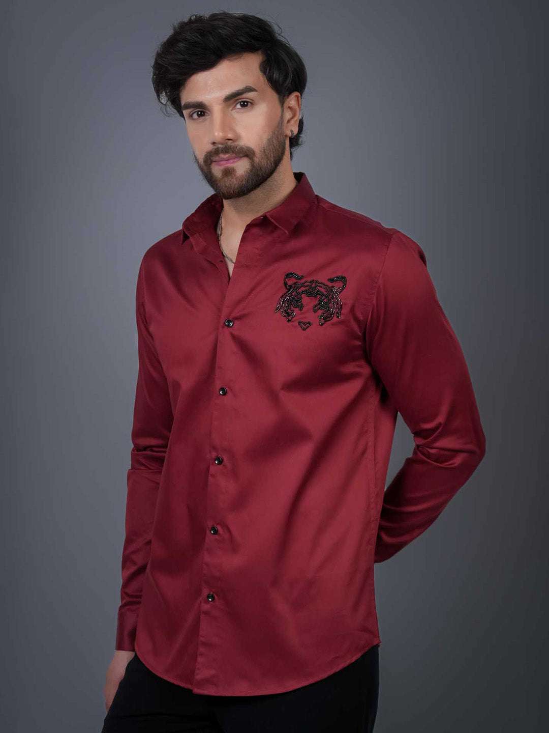 Intense Red Sequin Cotton Satin Slim Fit Shirt