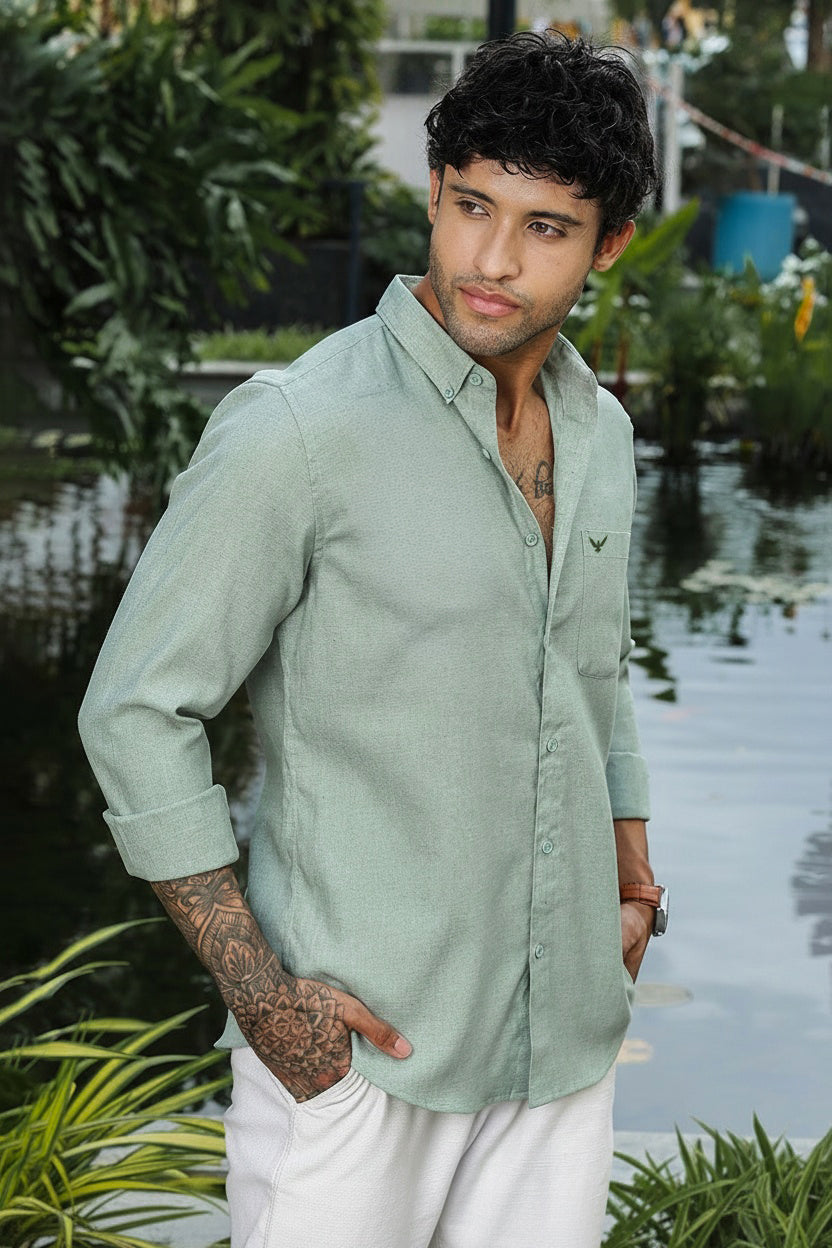Pastel Green Solid Slim Fit Pre-Washed Linen Shirt