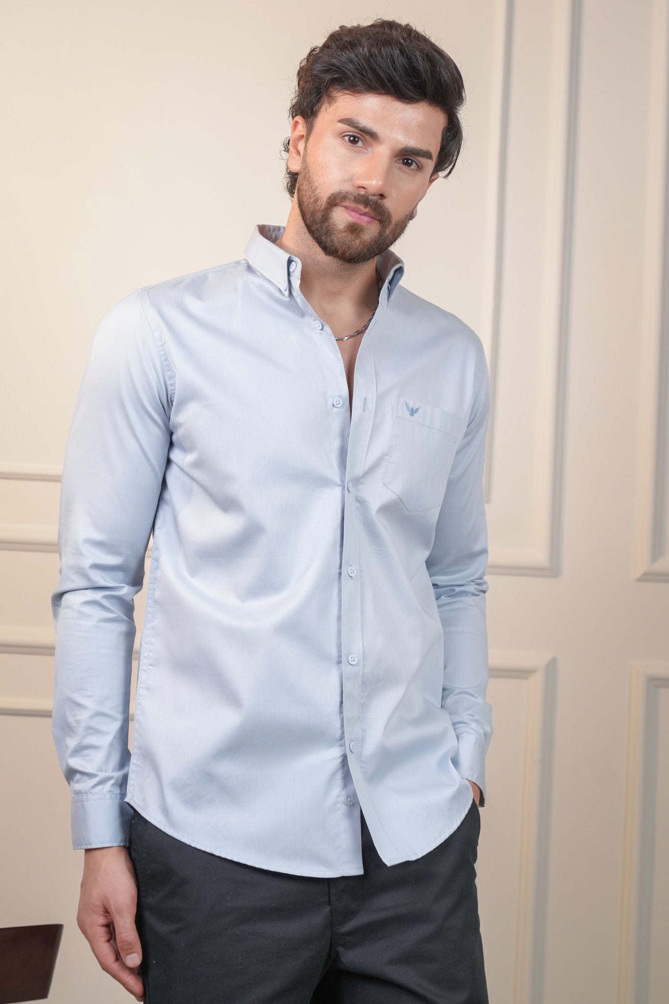 Shadow Blue Solid Cotton Twill  Slim Fit Shirt