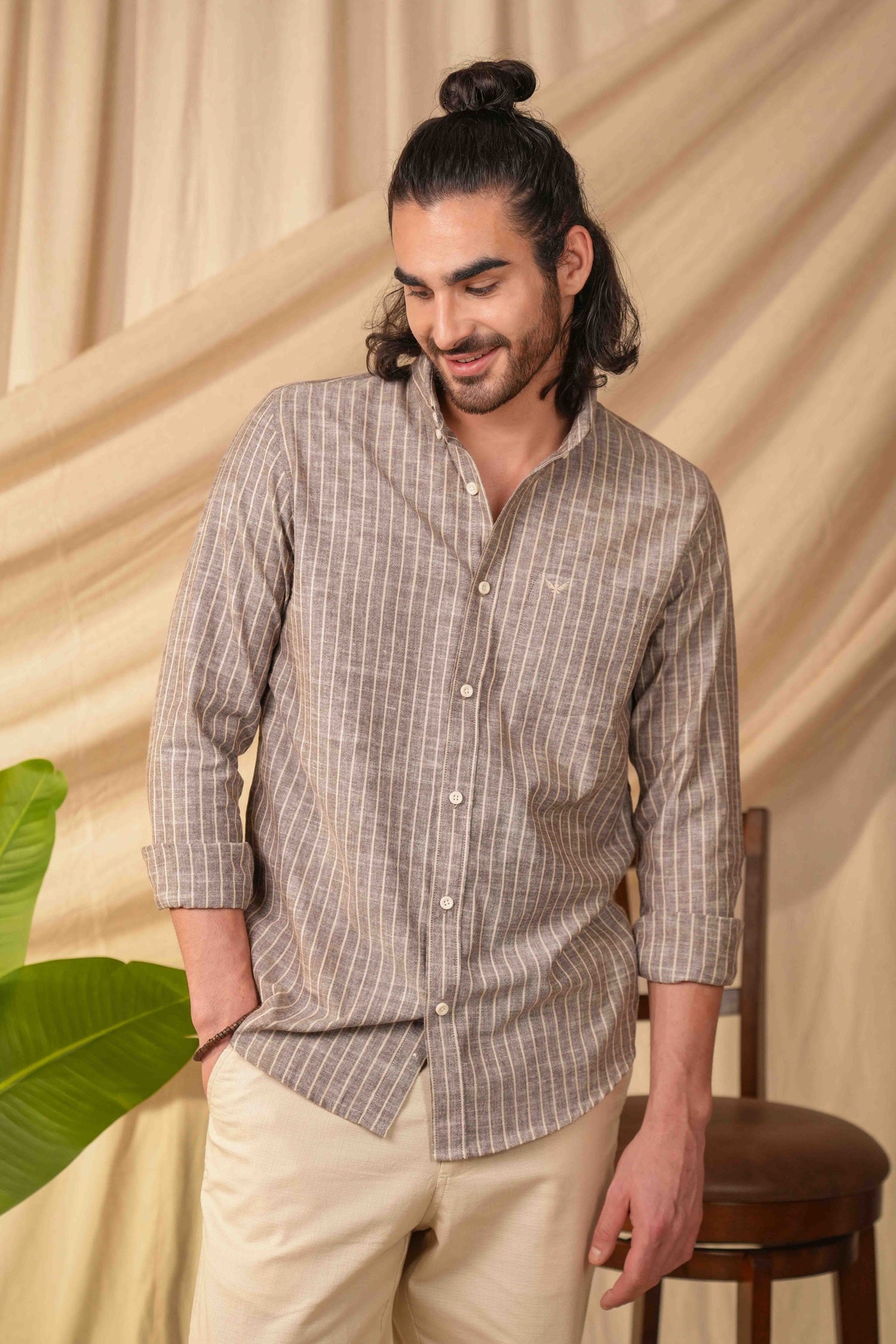 Dusty Brown Striped Pre-Washed Linen Cotton Slim Fit Shirt
