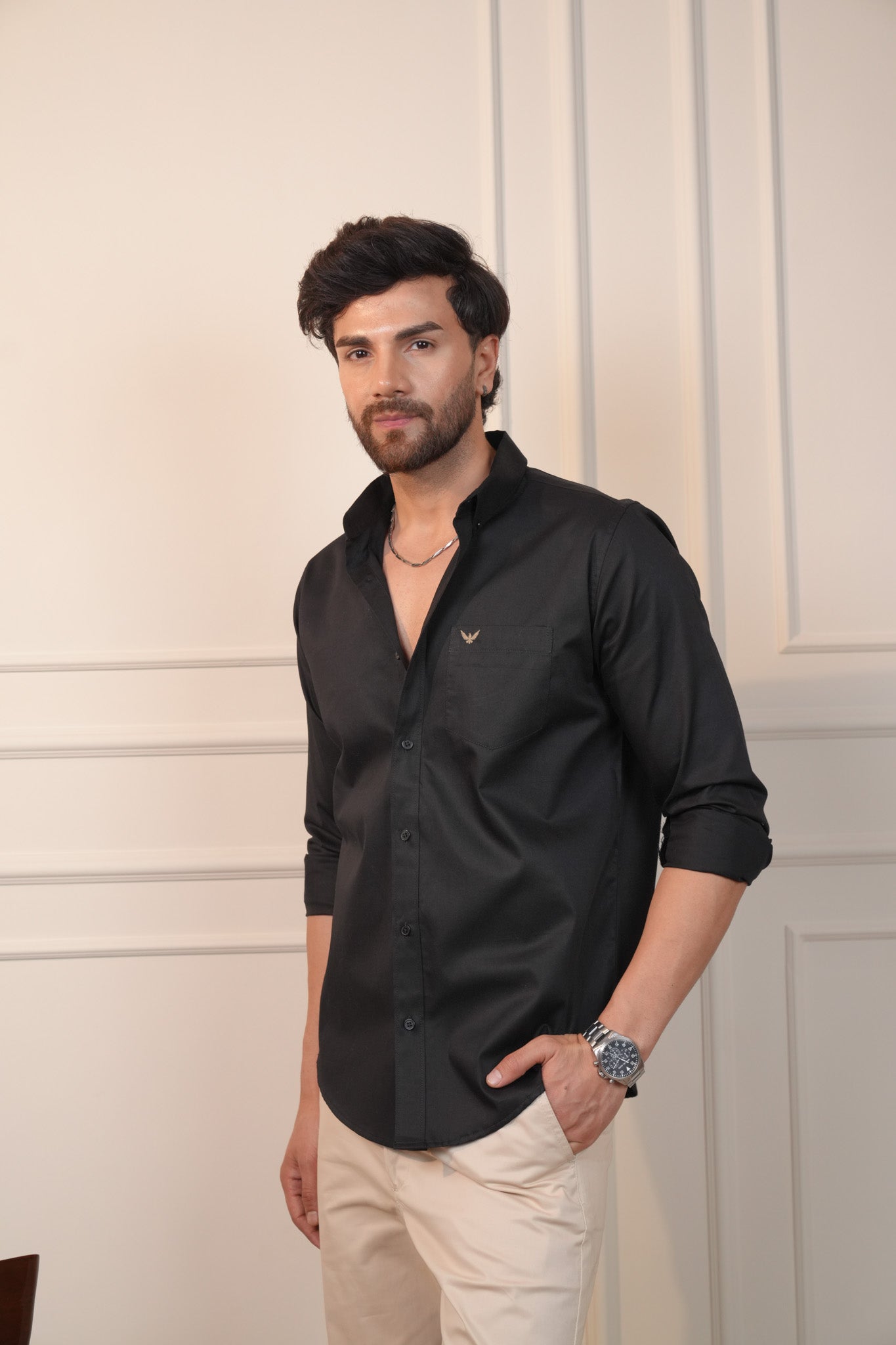 Black Solid Cotton Twill Slim Fit Shirt
