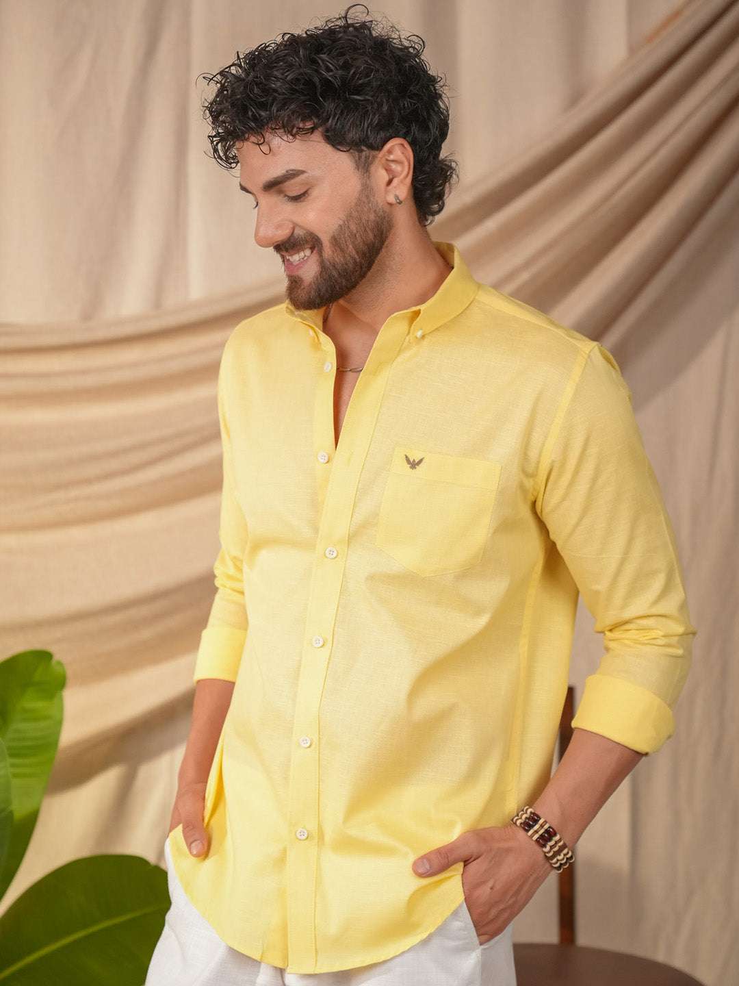 Lime Yellow Solid Pre-Washed Linen Cotton Slim Fit Shirt