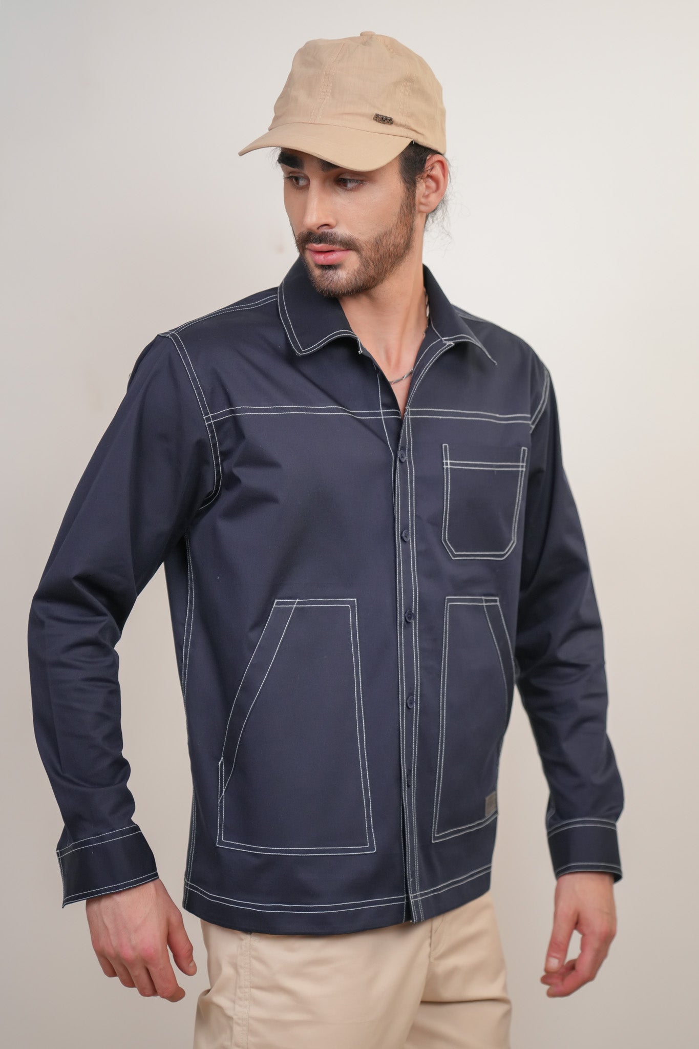 Navy Blue Solid Heavy Cotton Twill Boxy Fit Shirt For Men