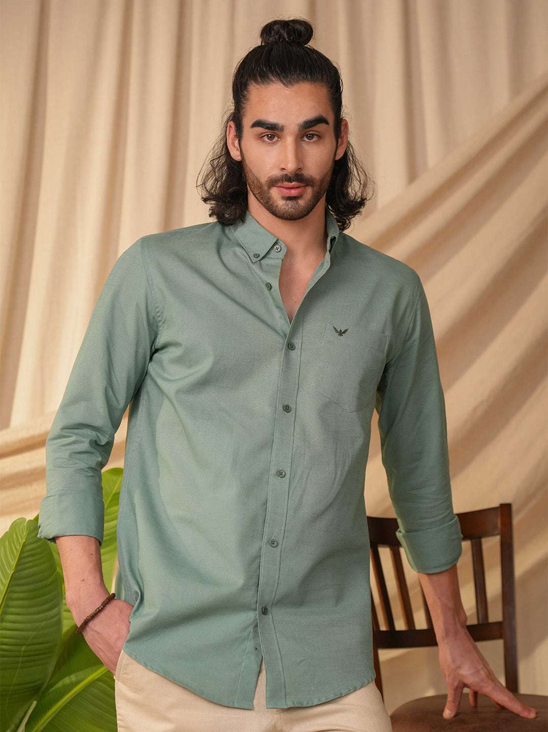 Sea Green Solid Pre-Washed Linen Cotton Slim Fit Shirt