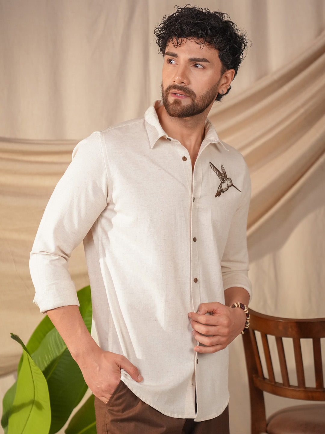 Beige Natural Grains Sparrow Embroidery Linen Cotton Shirt
