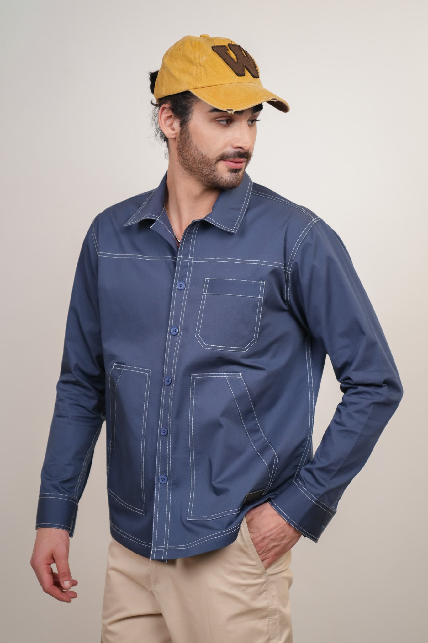 Slate Blue Solid Heavy Cotton Twill Boxy Fit Shirt For Men