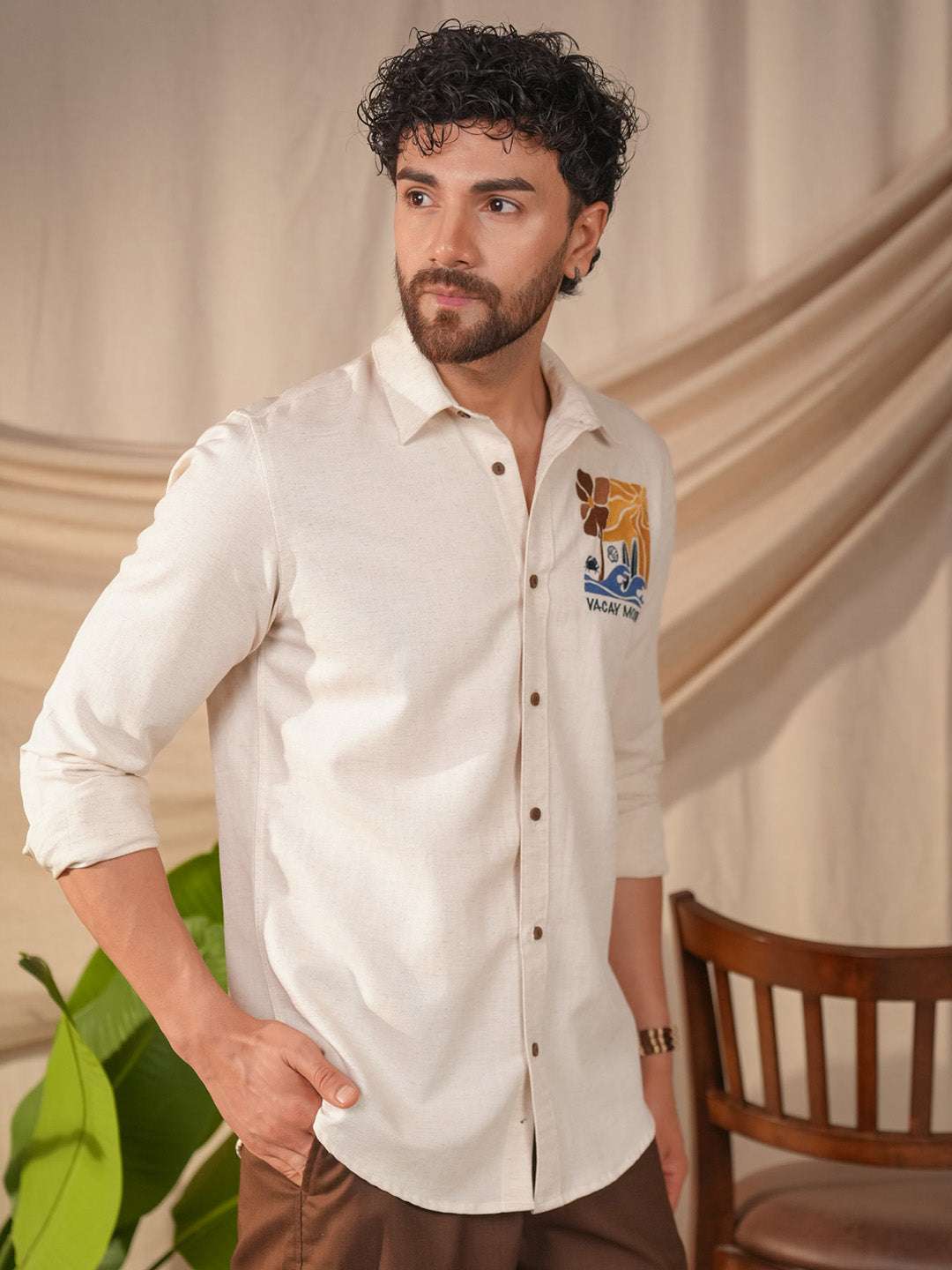 Beige Natural Grains Vacation Mode Embroidery Linen Cotton Shirt