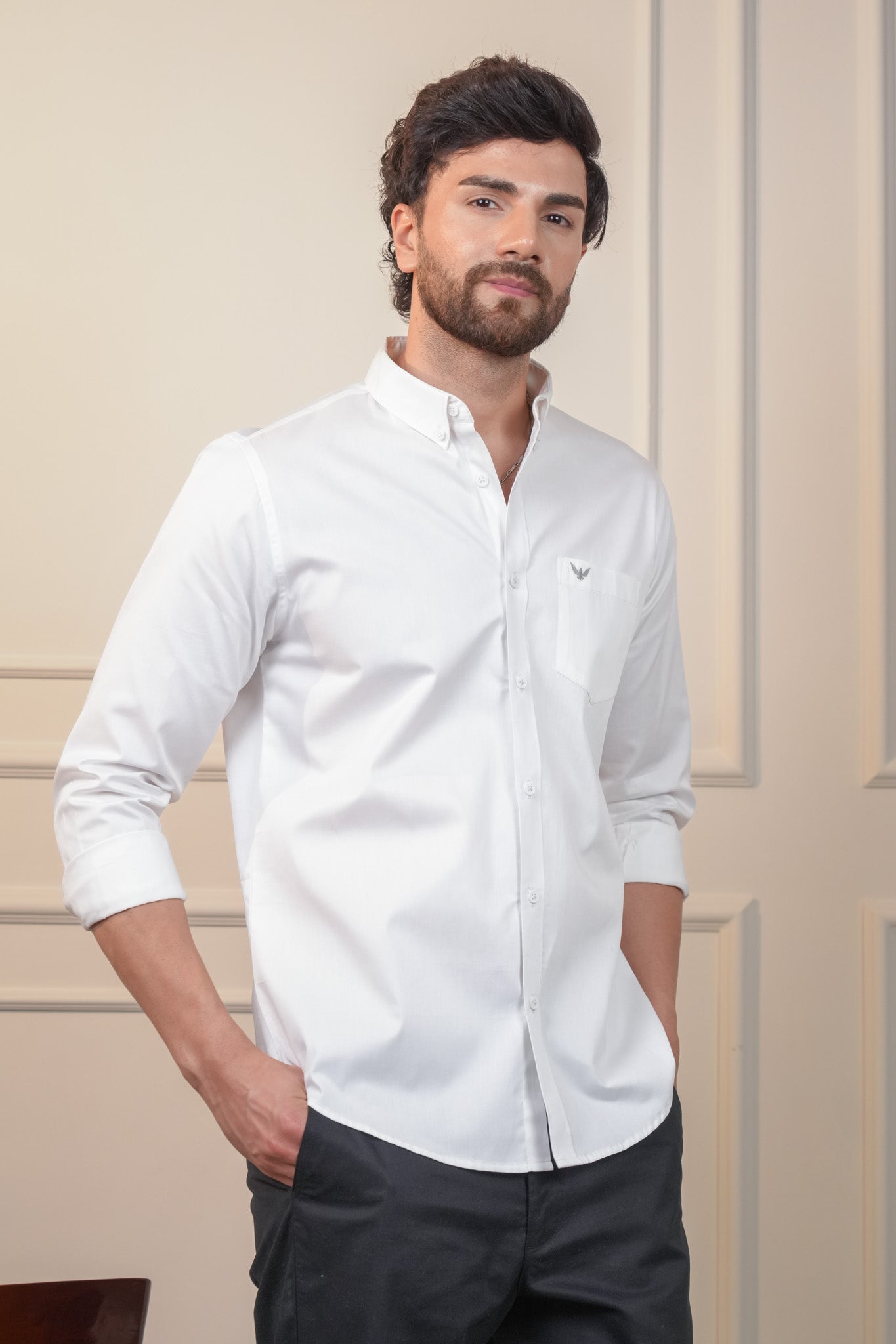 White Solid Cotton Twill  Slim Fit Shirt