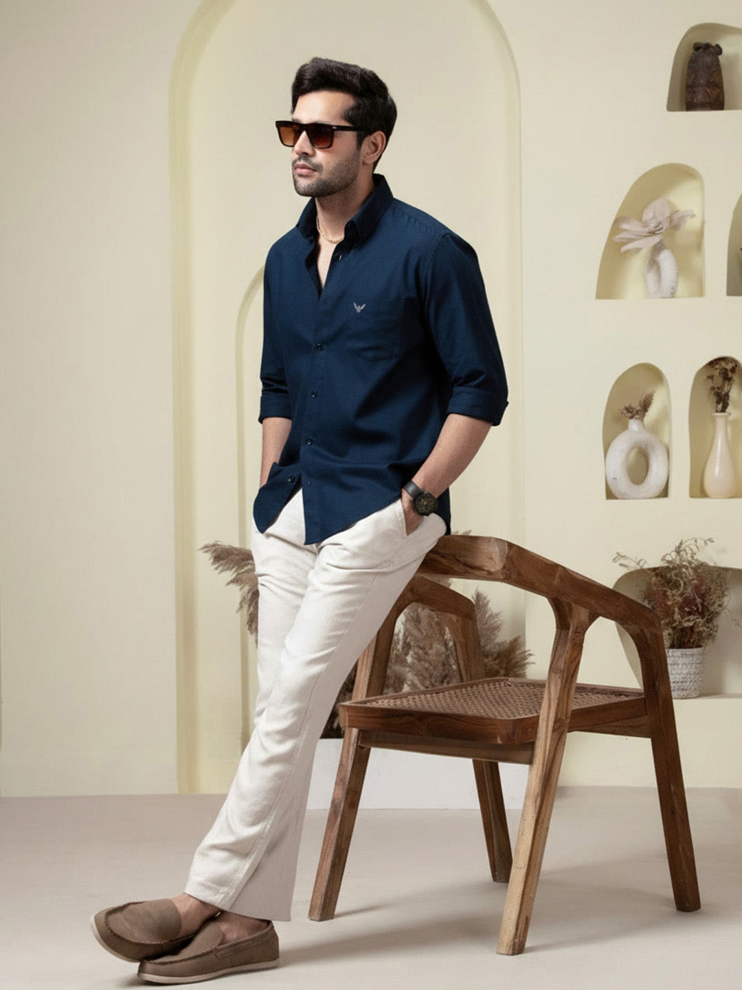 Navy Blue Pre-Washed Linen Blend Shirt