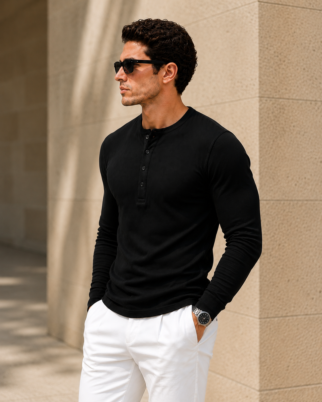 Black Waffle Henley Full Sleeve T-Shirt
