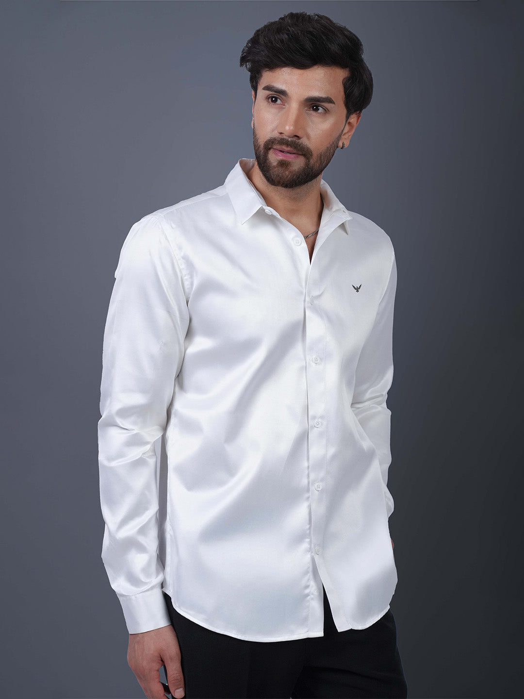 White Solid Cotton Satin Slim Fit Shirt