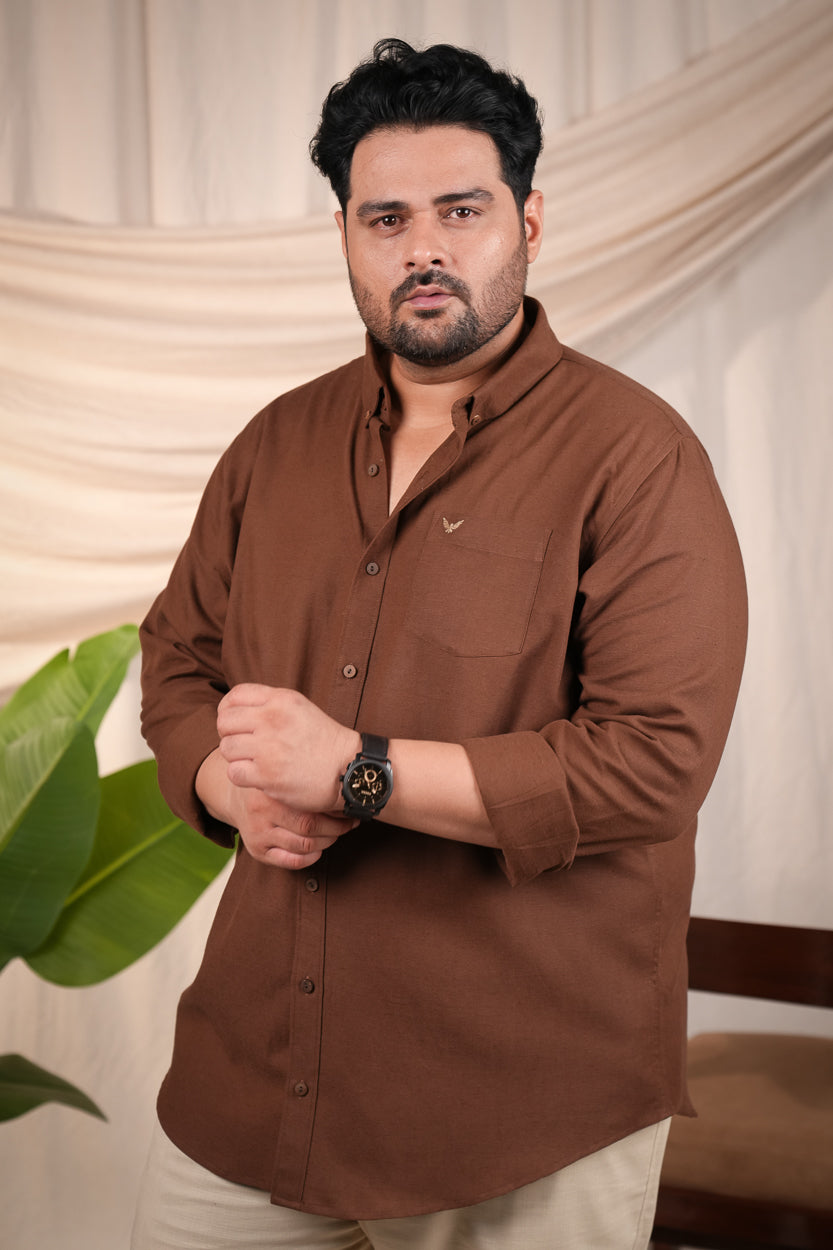 Dark Brown Solid Slim Regular Fit Plus Size Linen Cotton Shirt