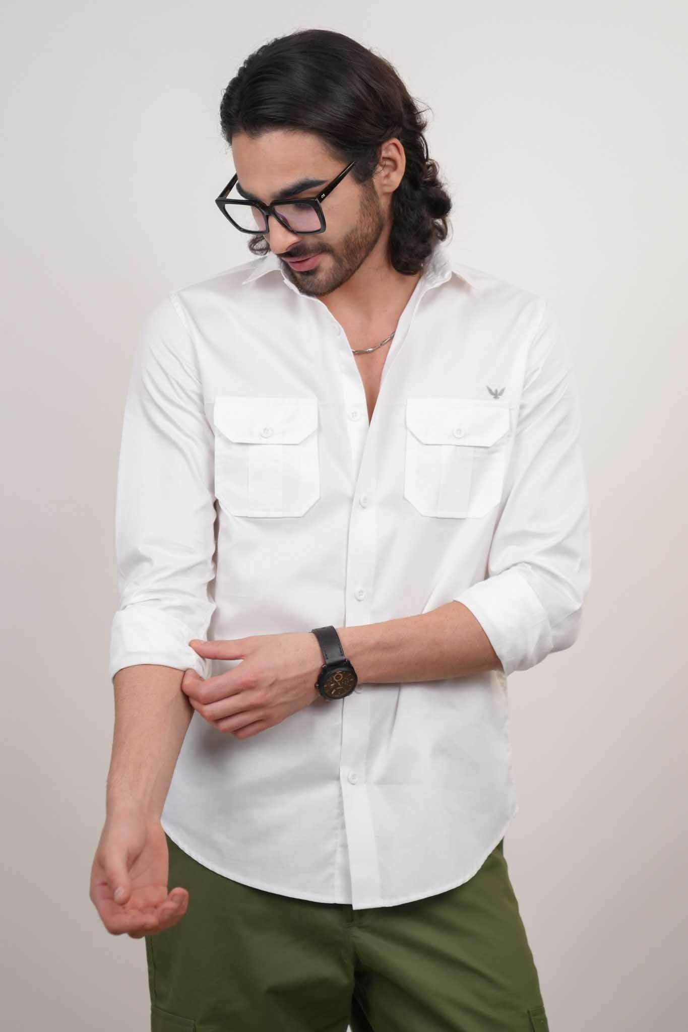 White Solid Cotton Twill Slim Fit Shirt