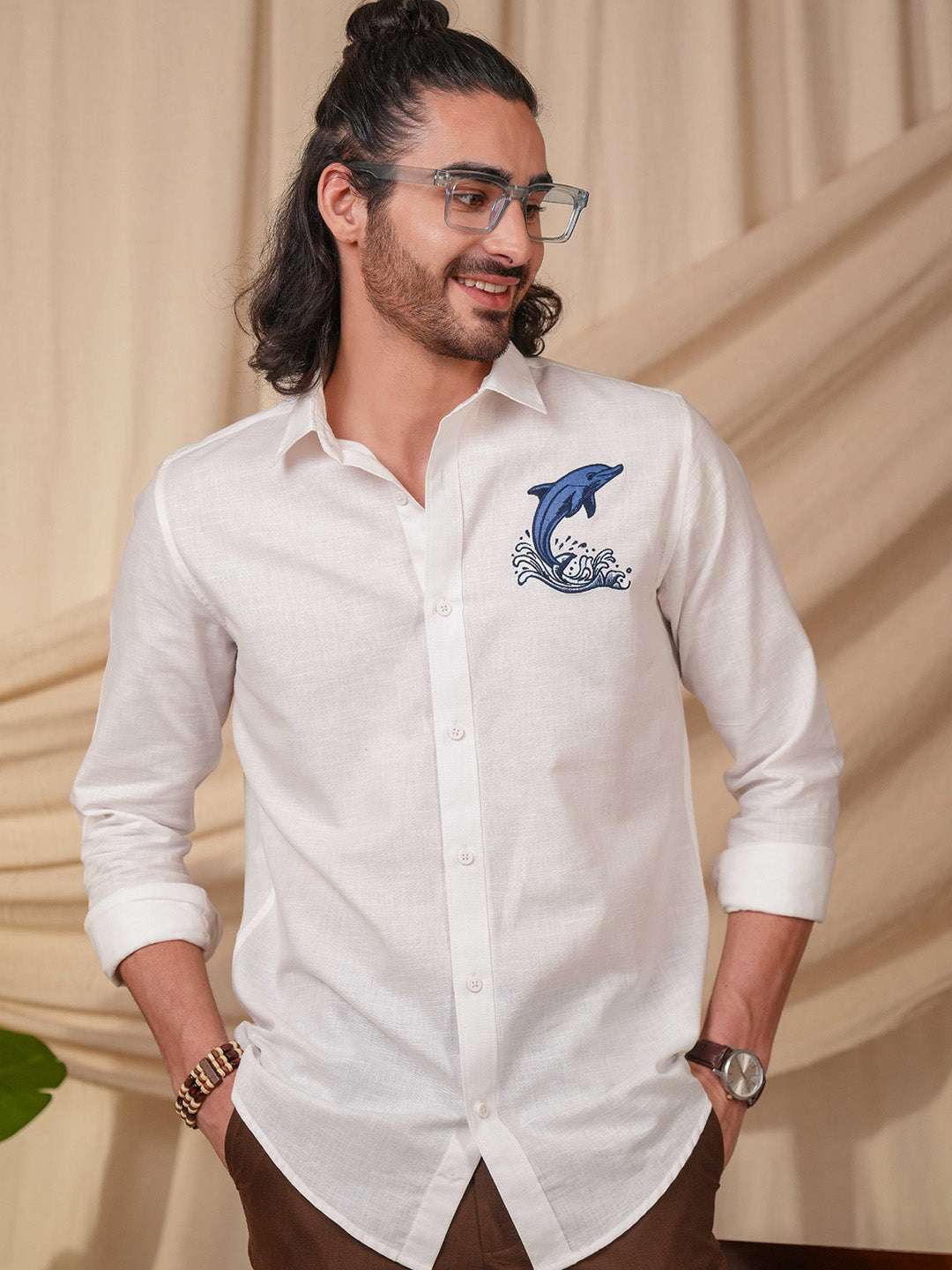 White Dolphin Embroidery Linen Cotton Shirt