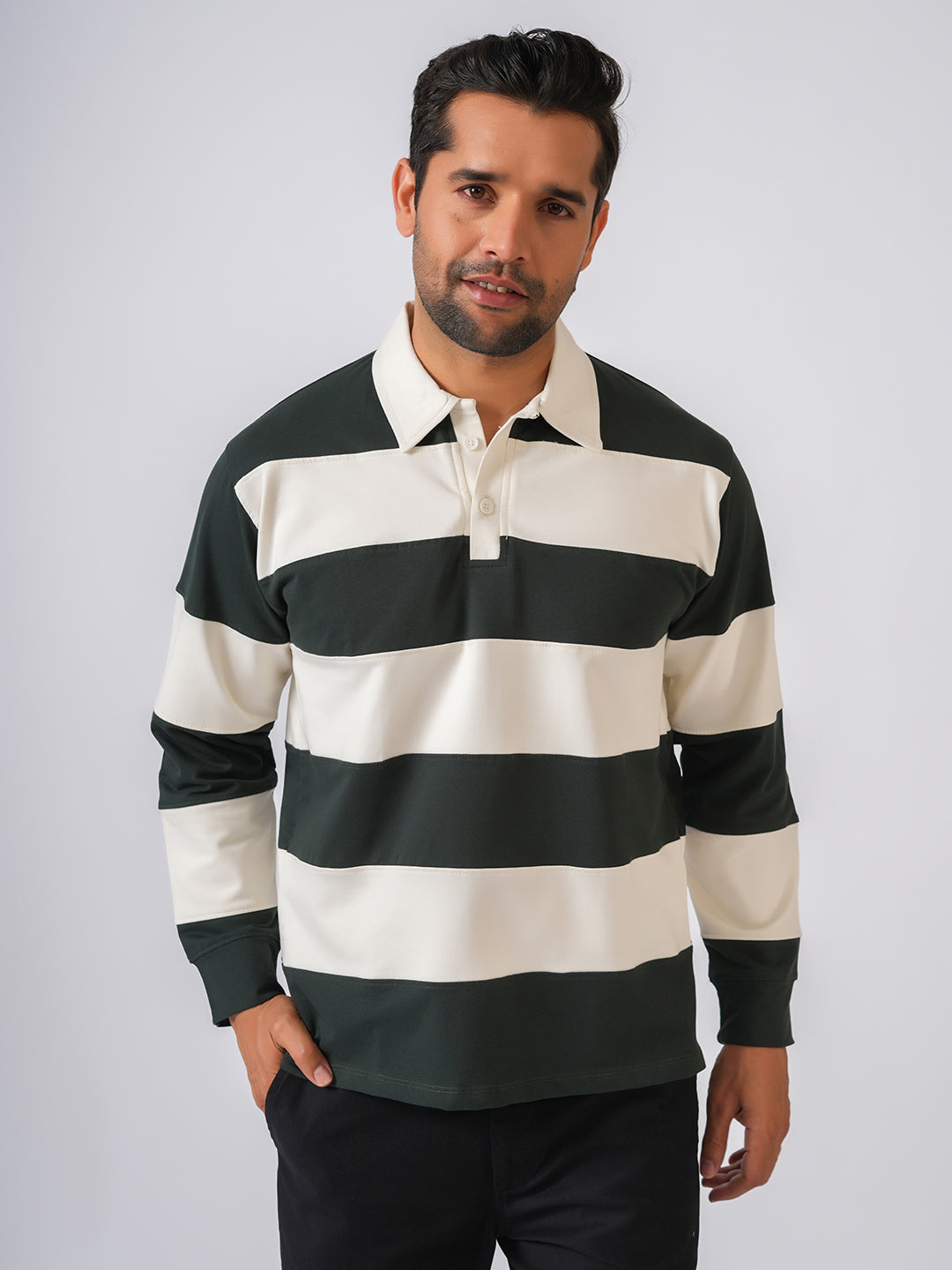 Bottle Green Striped Polo Collar Tshirt