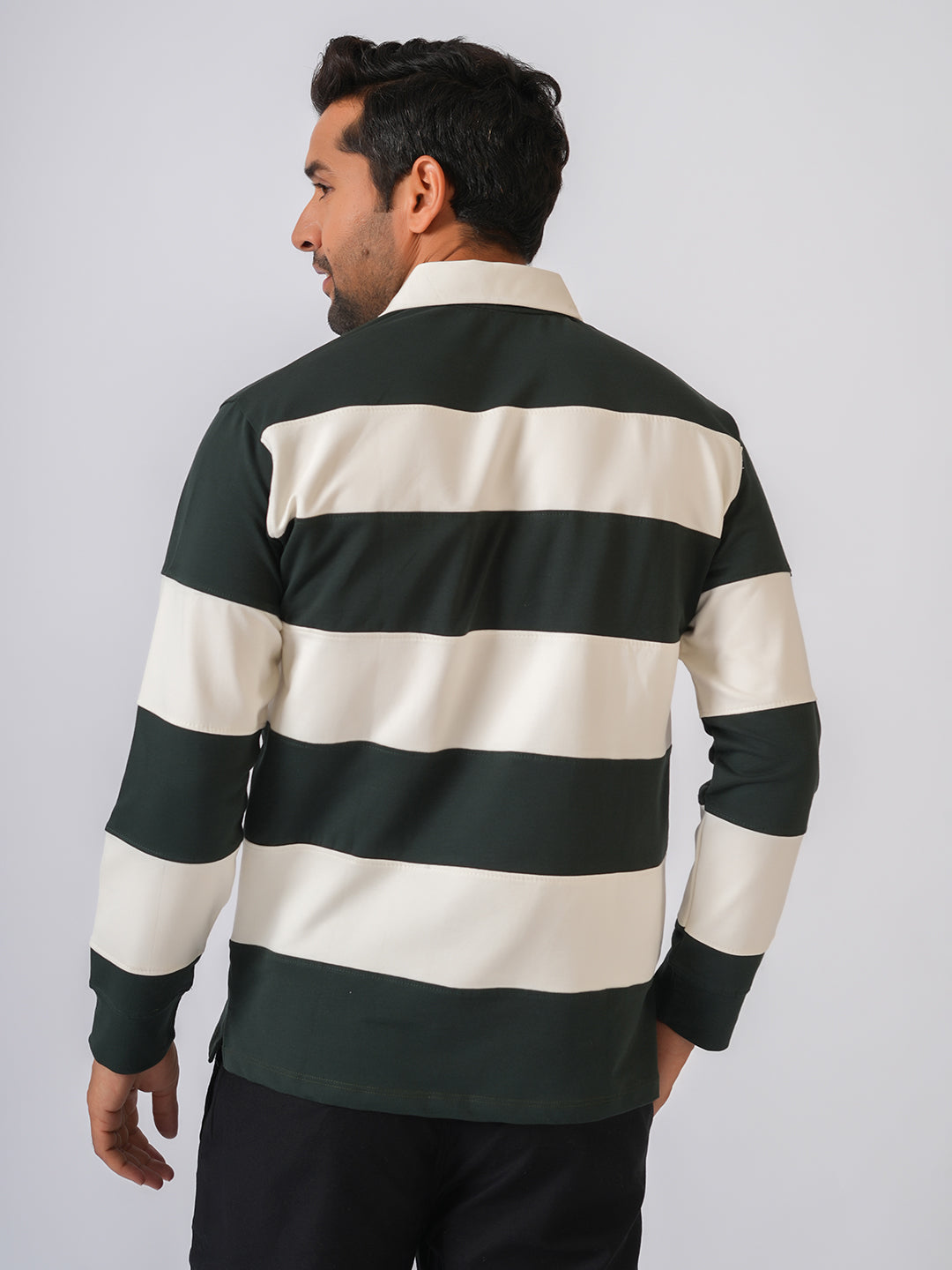 Bottle Green Striped Polo Collar Tshirt