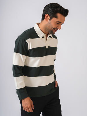 Bottle Green Striped Polo Collar Tshirt