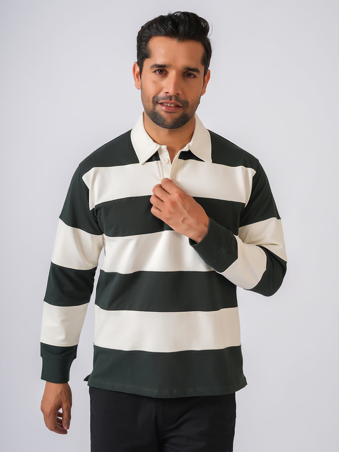 Bottle Green Striped Polo Collar Tshirt