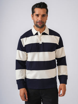 Navy Blue Striped Polo Collar Tshirt